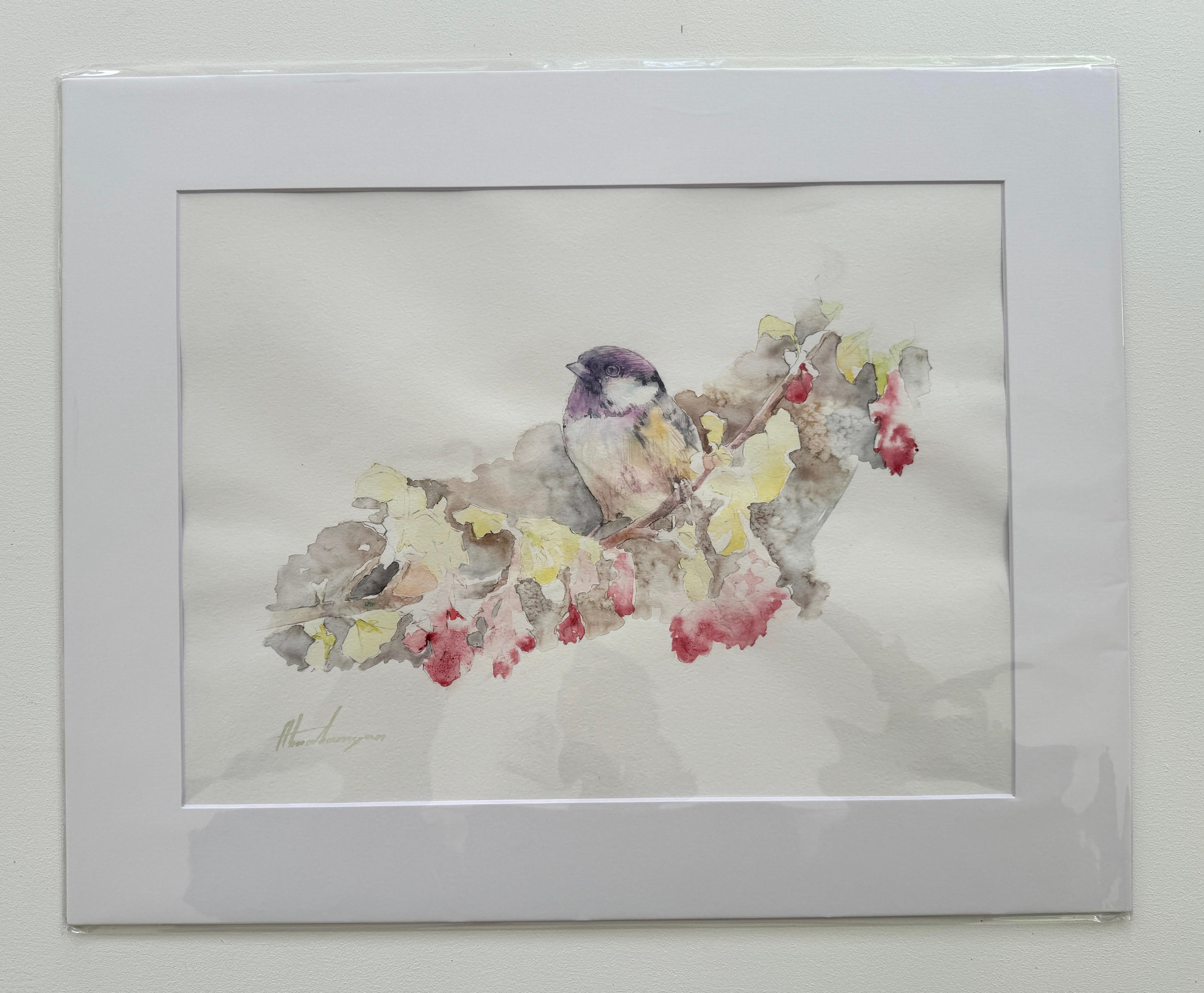 Chickadee, Bird, Watercolor Handmade Painting, One of a Kind - Art by Artyom Abrahamyan