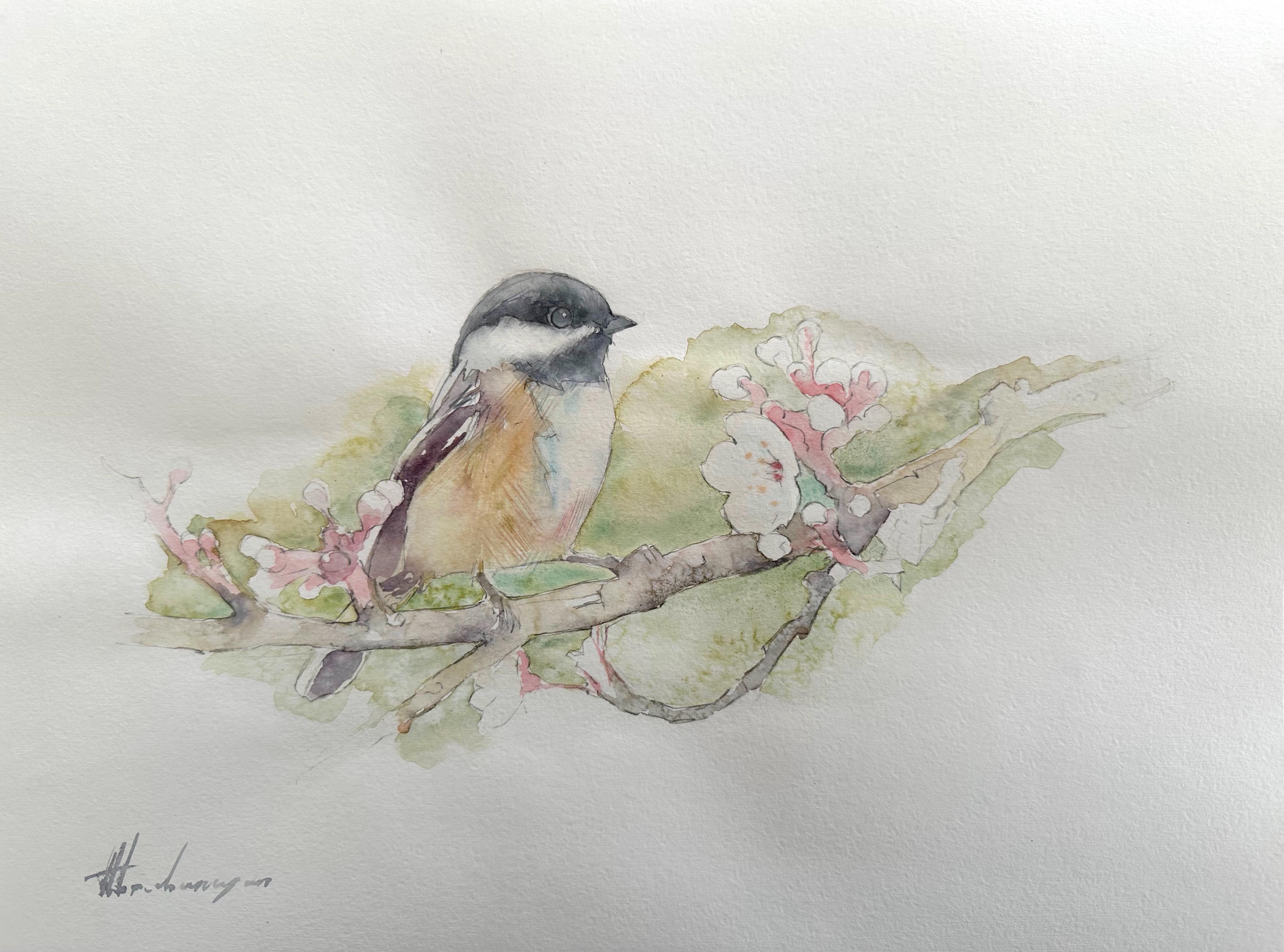 Artyom Abrahamyan Animal Art - Chickadee, Bird, Watercolor Handmade Painting, One of a Kind