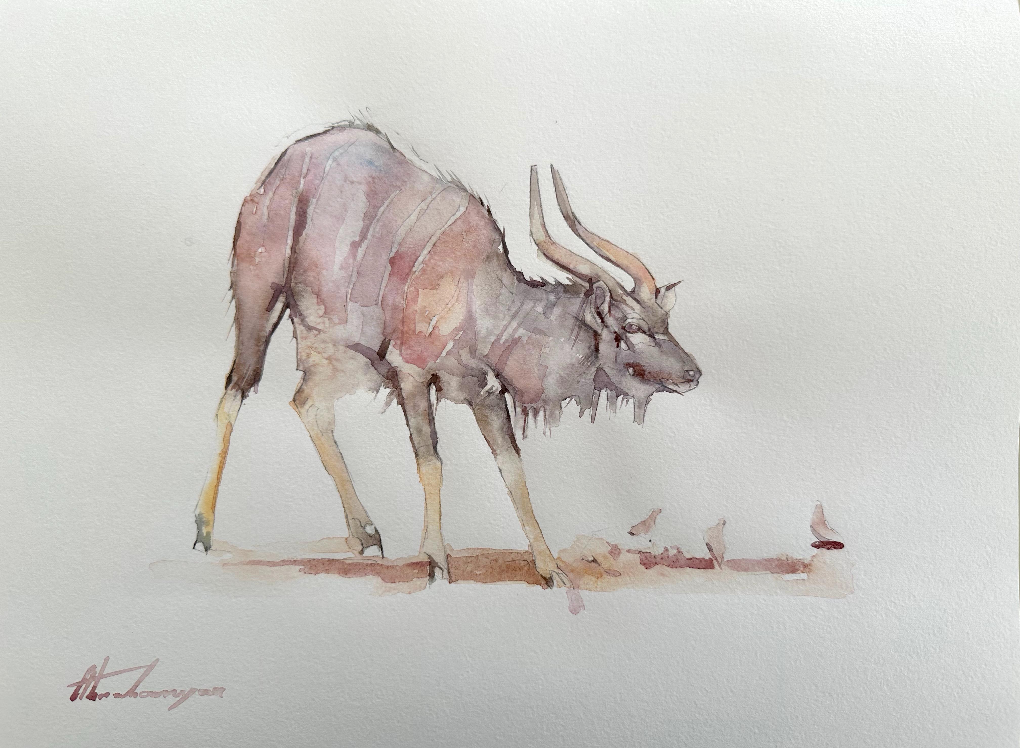 Artyom Abrahamyan Animal Art - Kudu, animal, Watercolor Handmade Painting, One of a Kind