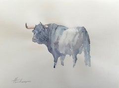 Bull, Tier, Aquarell, handgefertigtes Gemälde, Unikat, handgefertigt