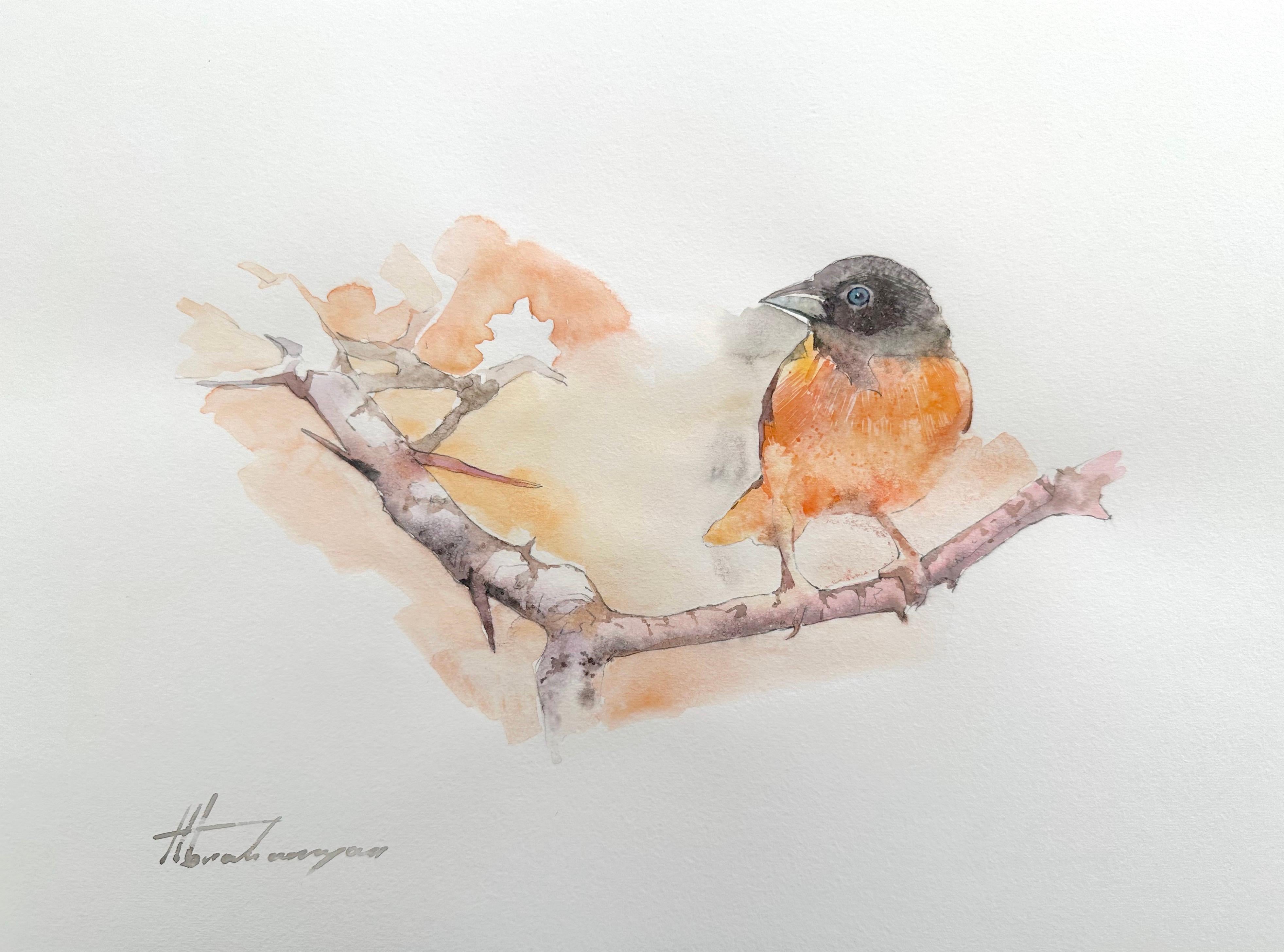 Grosbeak, Uccello, Acquerello dipinto a mano, Pezzo unico