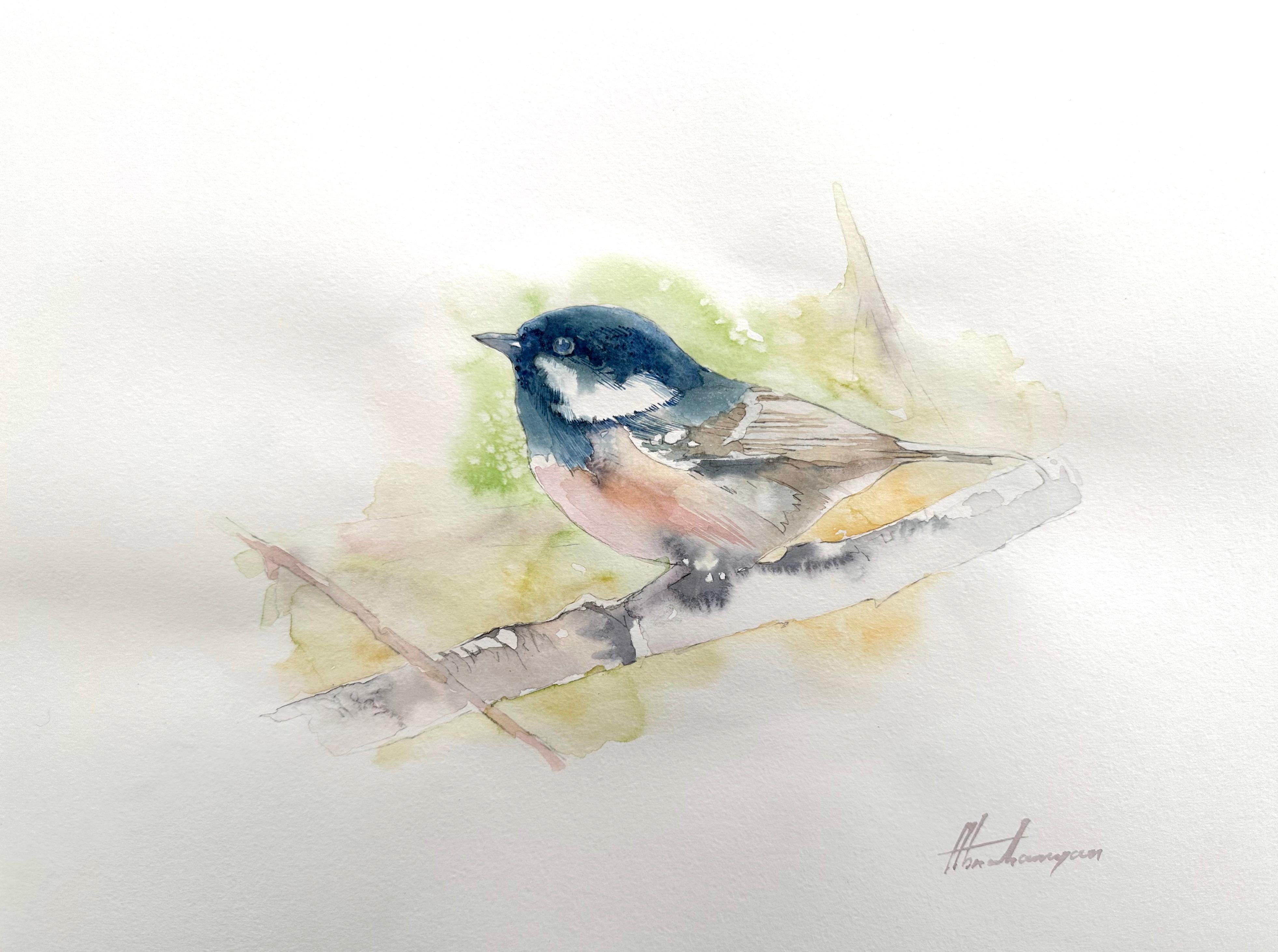 Artyom Abrahamyan Animal Art – Chickadee, Vogel, Aquarell, handgefertigtes Gemälde, Unikat