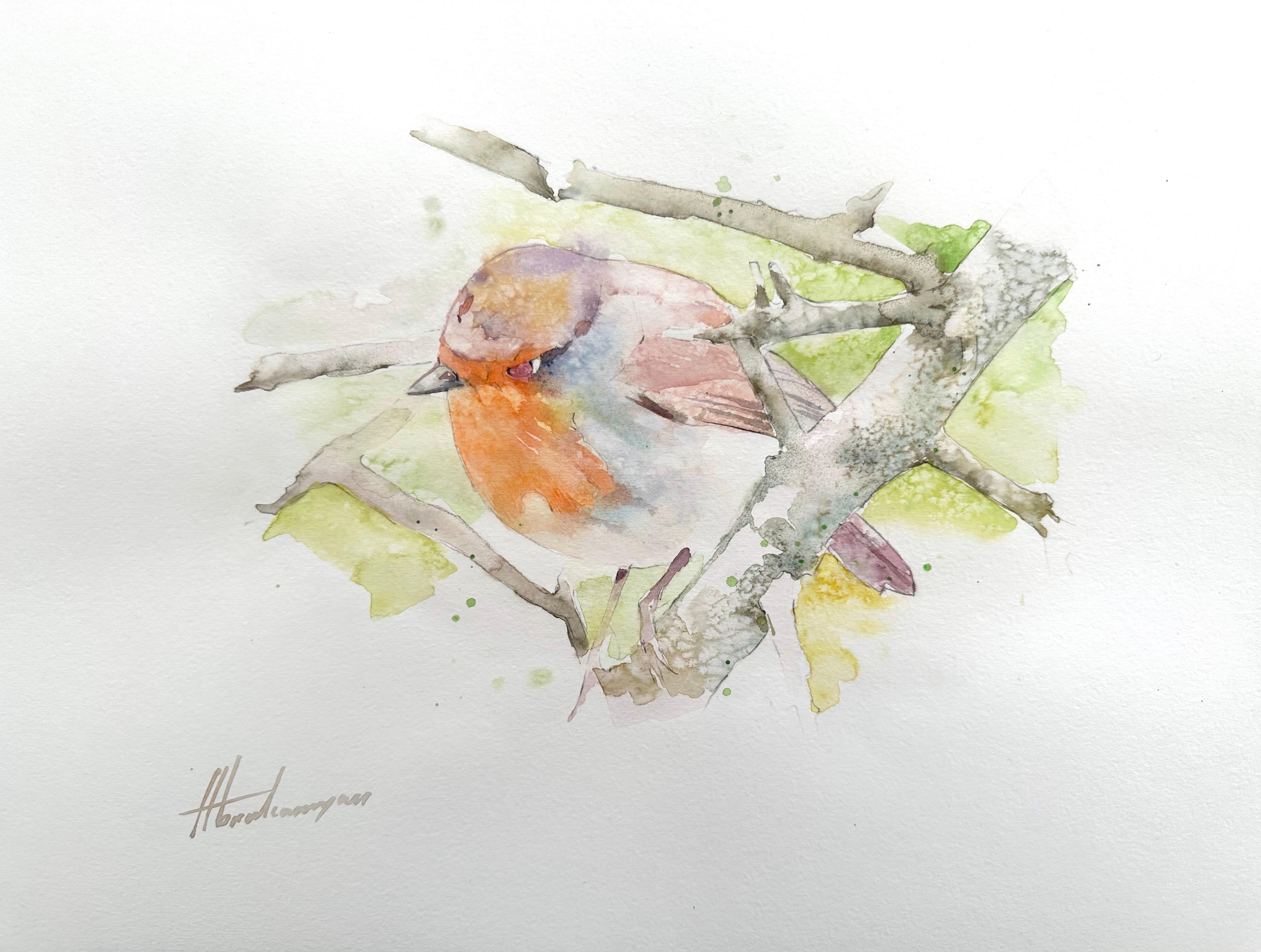 Artyom Abrahamyan Animal Art - Robin, Bird, Watercolor Handmade Painting, One of a Kind