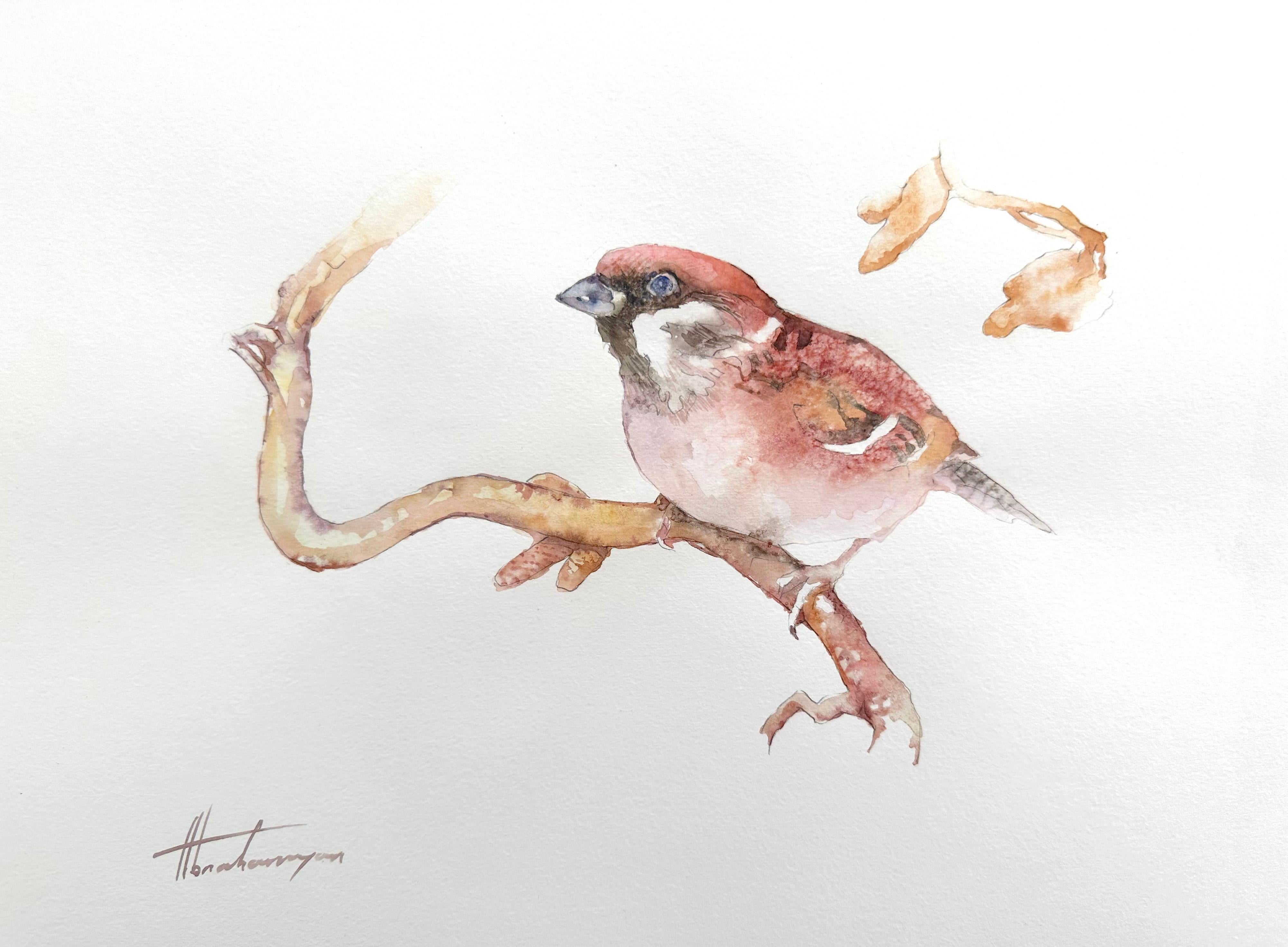 Artyom Abrahamyan Animal Art - House Sparrow, Bird, Watercolor Handmade Painting, One of a Kind
