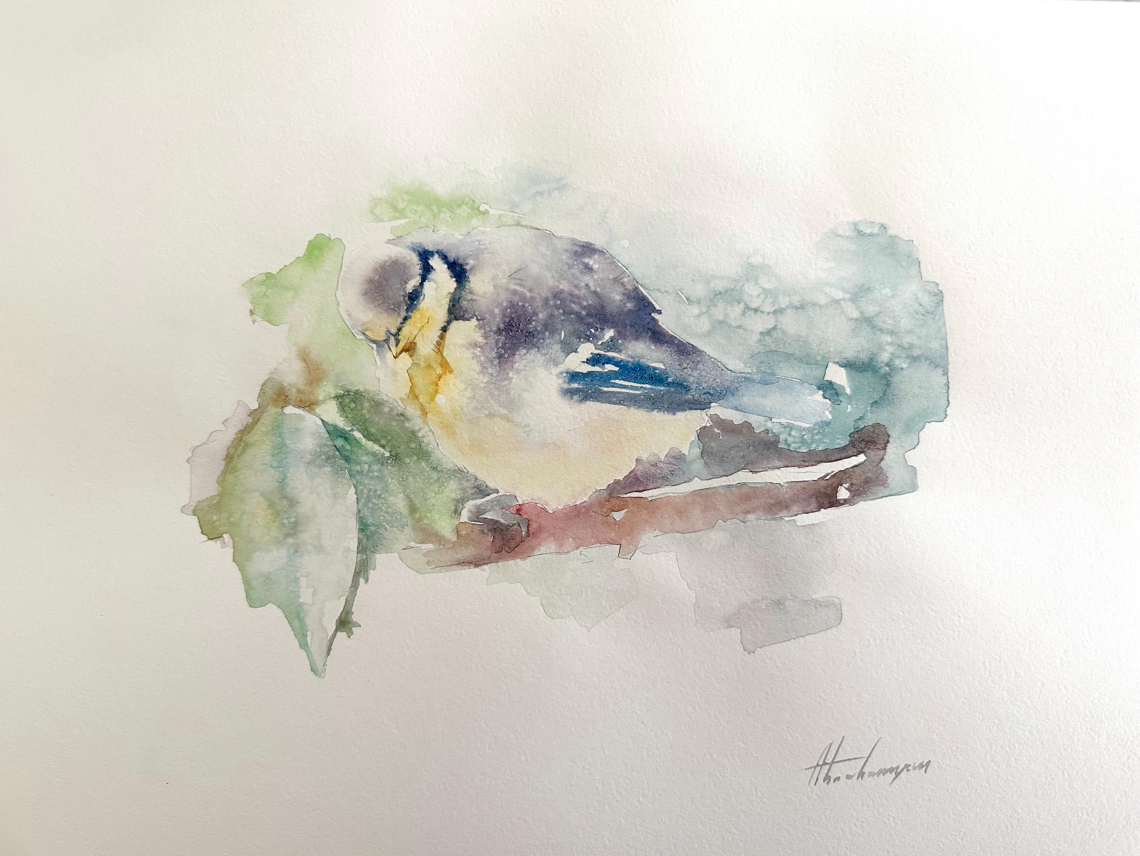 Artyom Abrahamyan Animal Art - Chickadee, Bird, Watercolor Handmade Painting, One of a Kind