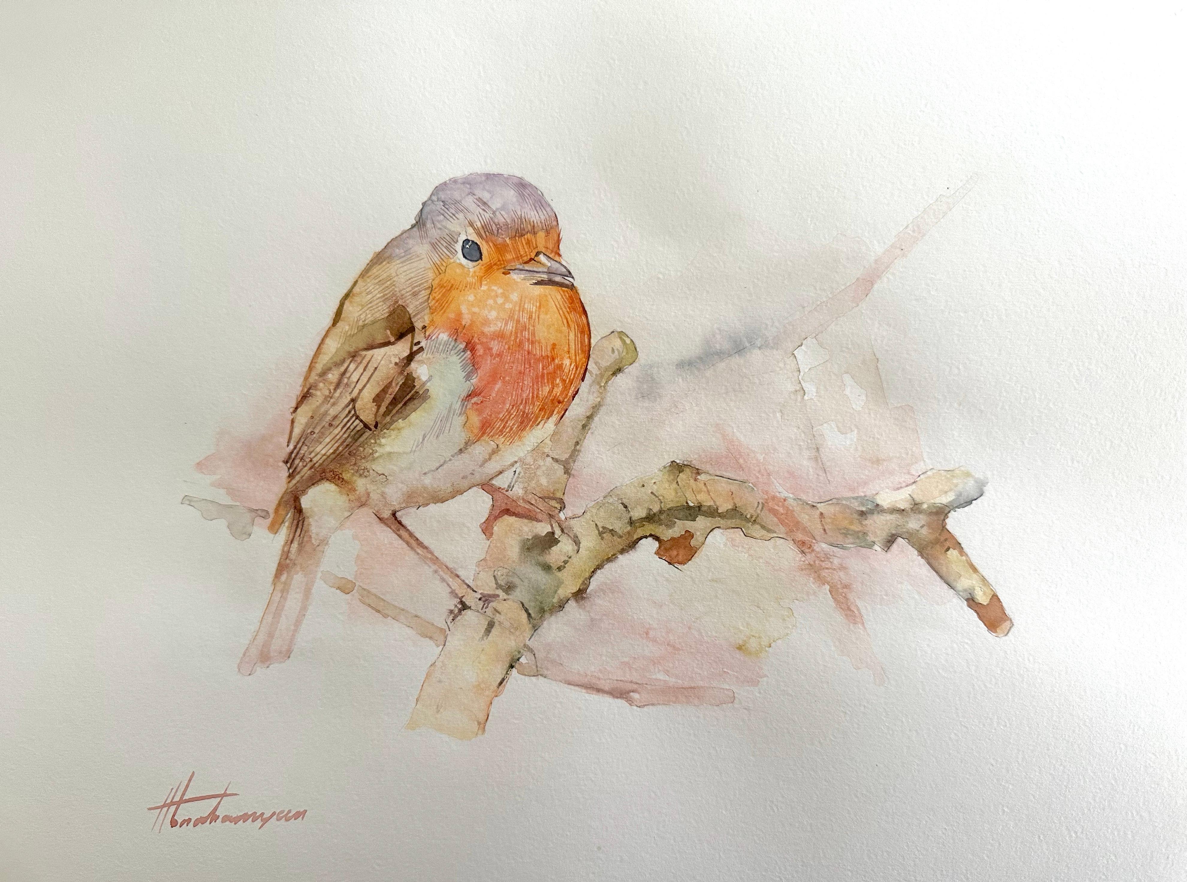 Artyom Abrahamyan Animal Art - Robin, Bird, Watercolor Handmade Painting, One of a Kind