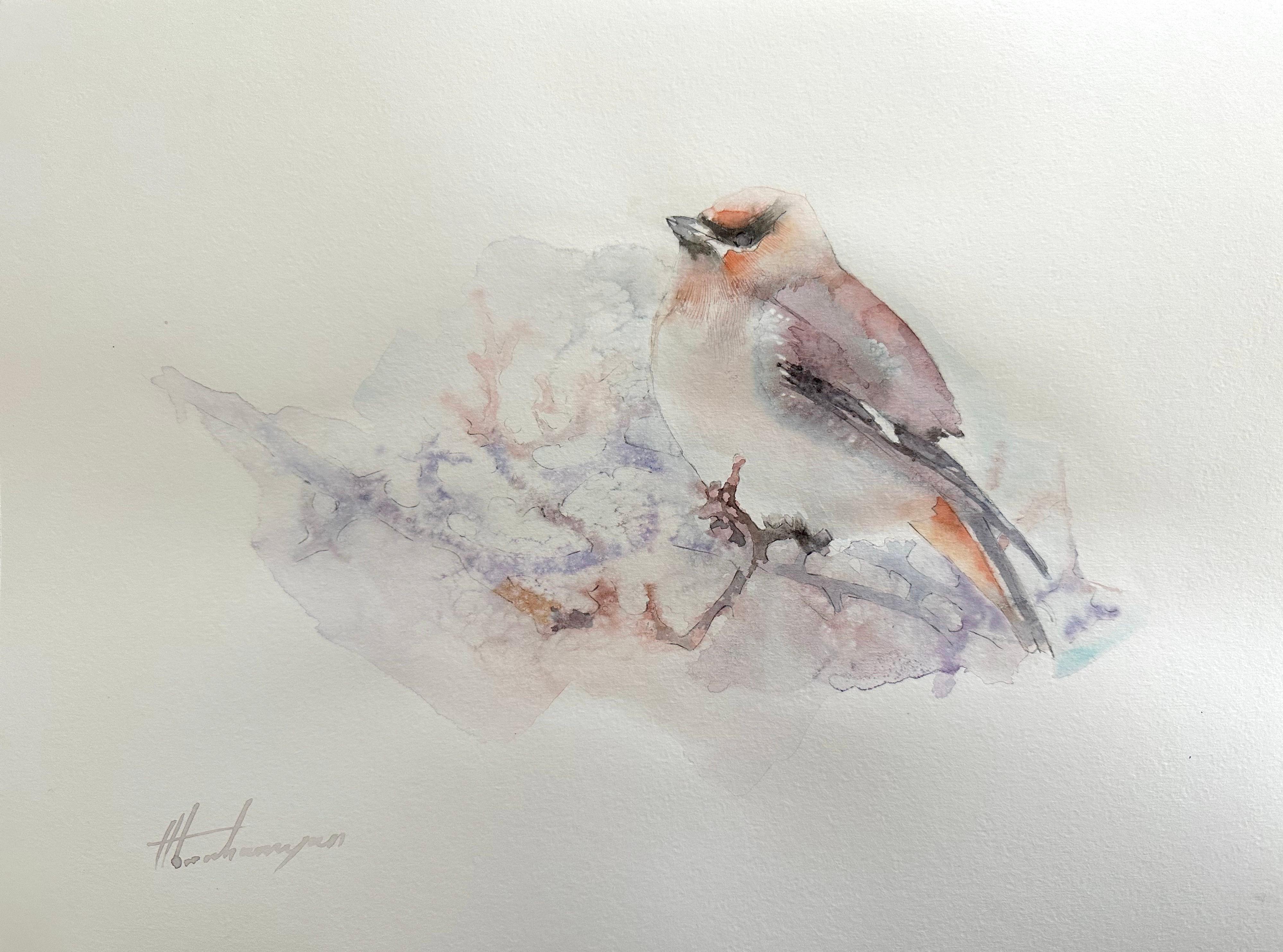Artyom Abrahamyan Animal Art - Bullfinch, Bird, Watercolor Handmade Painting, One of a Kind