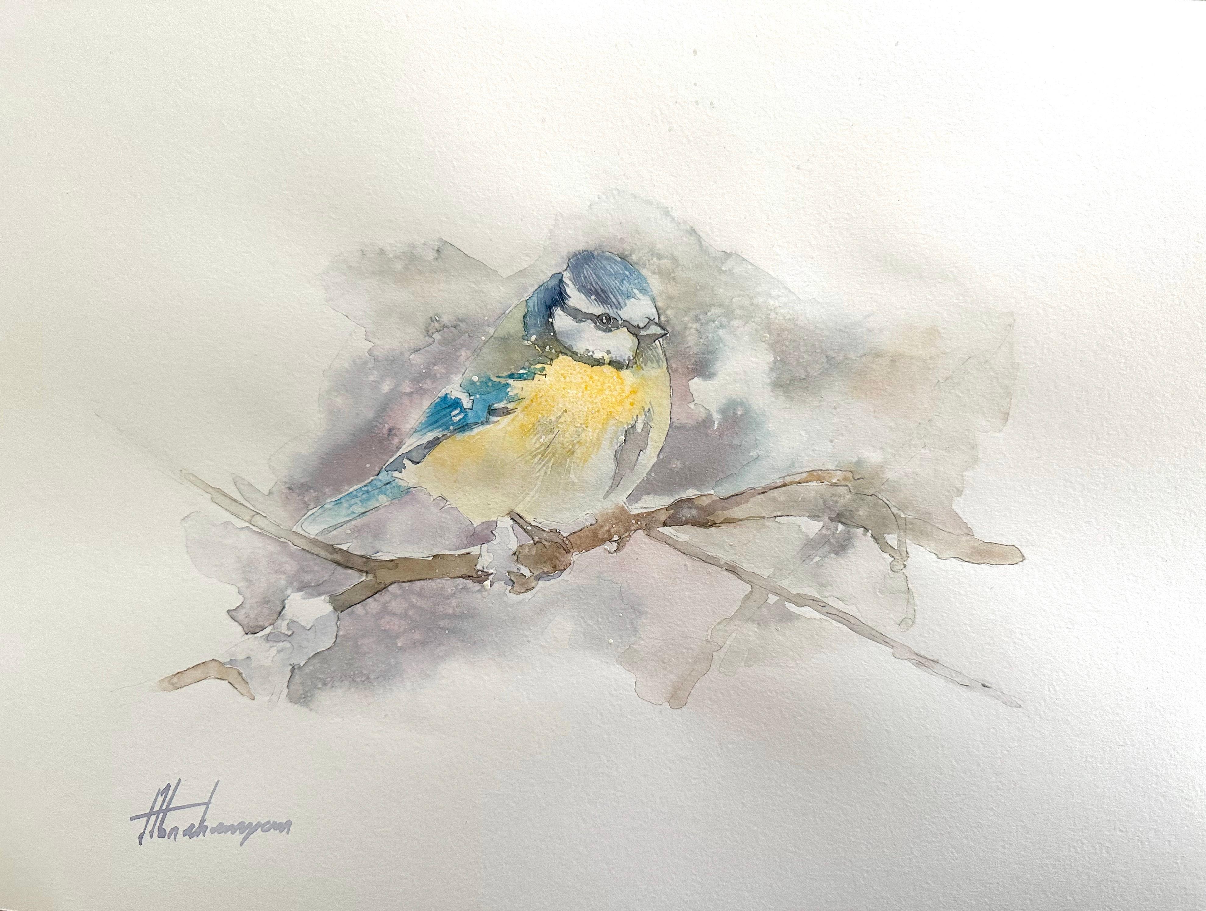 Artyom Abrahamyan Animal Art - Great Tit, Bird, Watercolor Handmade Painting, One of a Kind