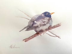 Schwarzer Vogel, Aquarell, handgefertigtes Gemälde, Unikat
