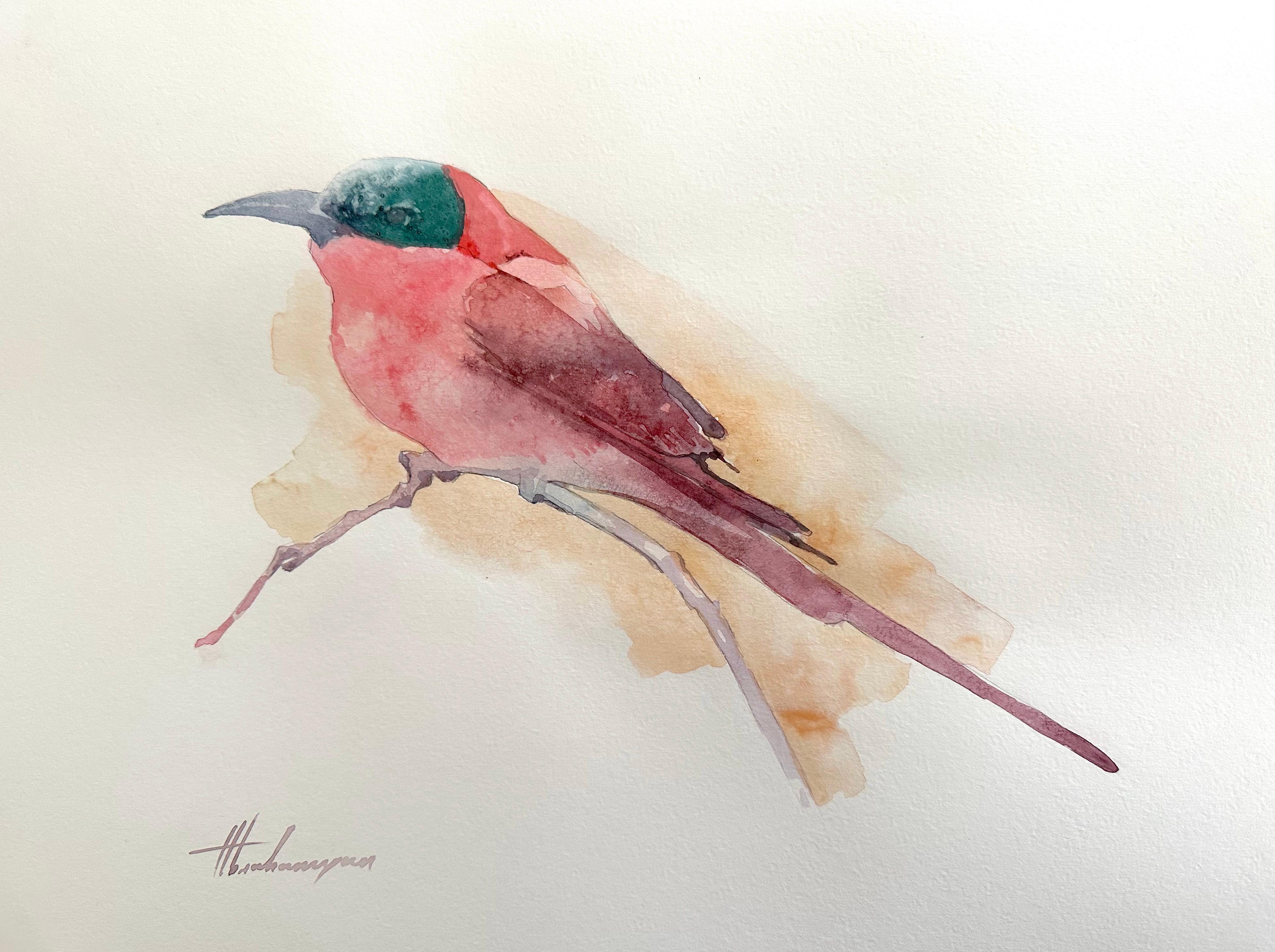 Artyom Abrahamyan Animal Art - Northern Carmine, Bird, Watercolor Handmade Painting, One of a Kind