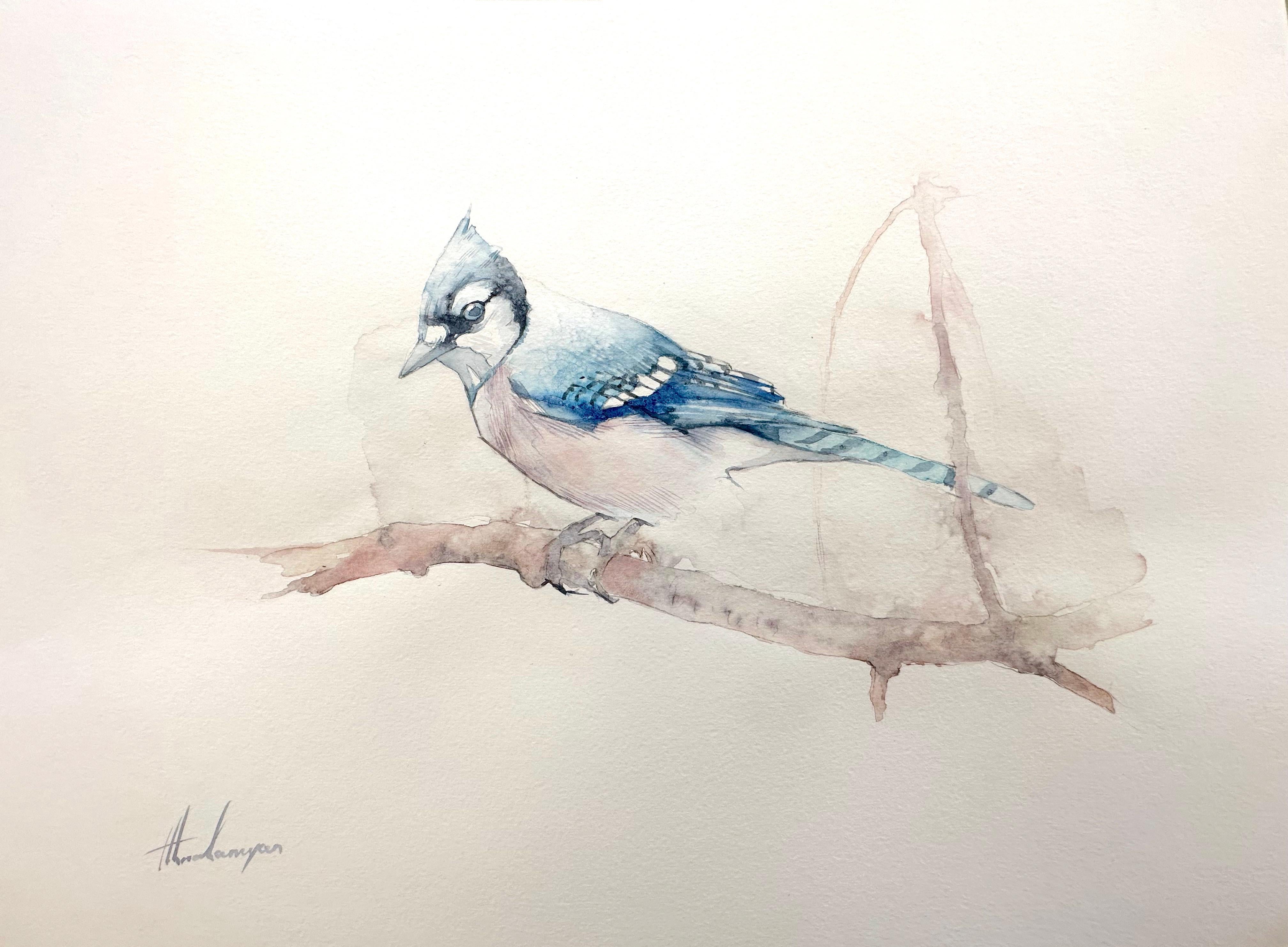 Artyom Abrahamyan Animal Art - Blue Finch, Bird, Watercolor Handmade Painting, One of a Kind