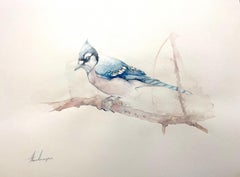 Blaue Oberfläche, Vogel, Aquarell, handgefertigtes Gemälde, Unikat