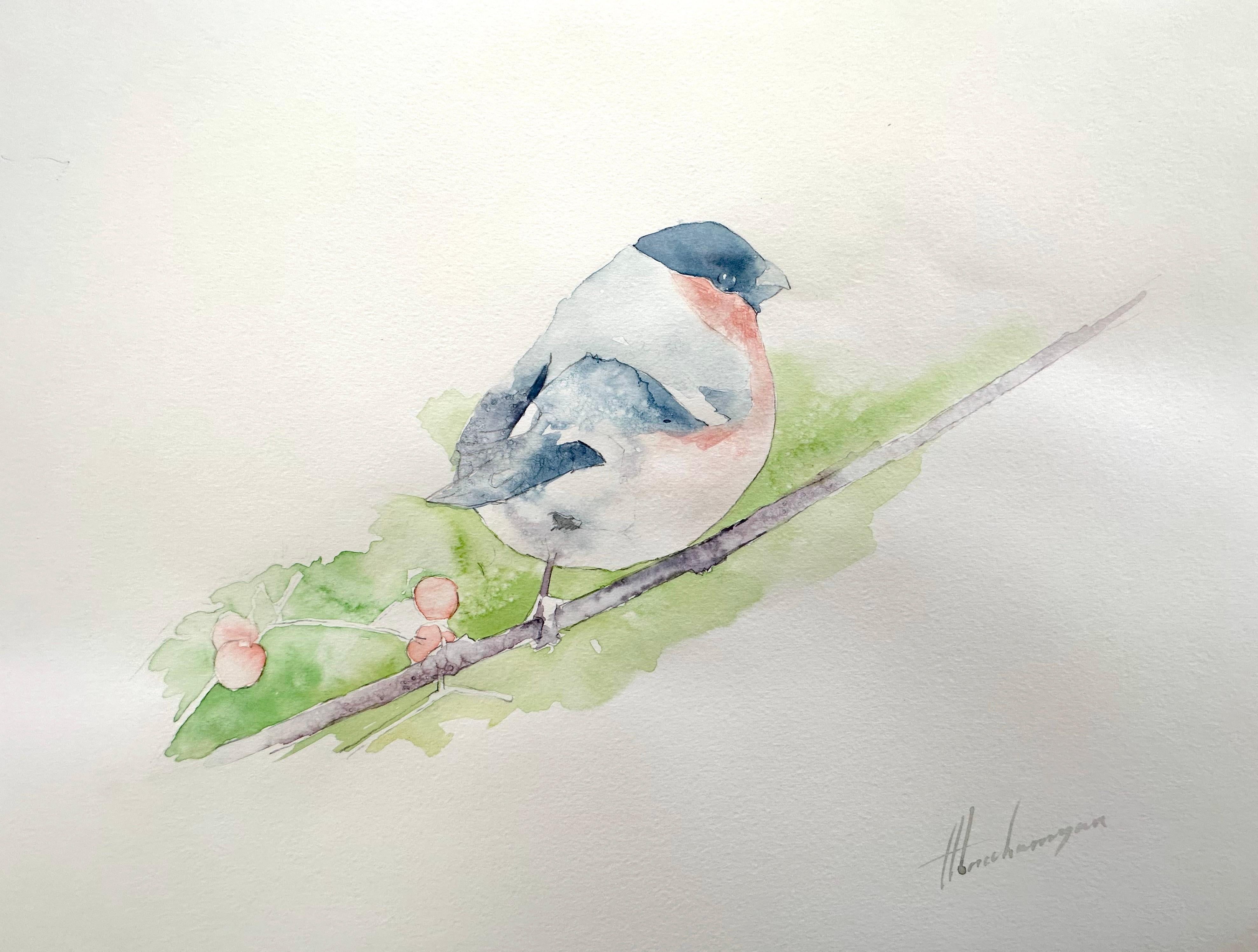 Artyom Abrahamyan Animal Art - Bullfinch, Bird, Watercolor Handmade Painting, One of a Kind