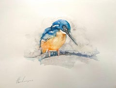Kingfisher, Uccello, Acquerello dipinto a mano, Pezzo unico