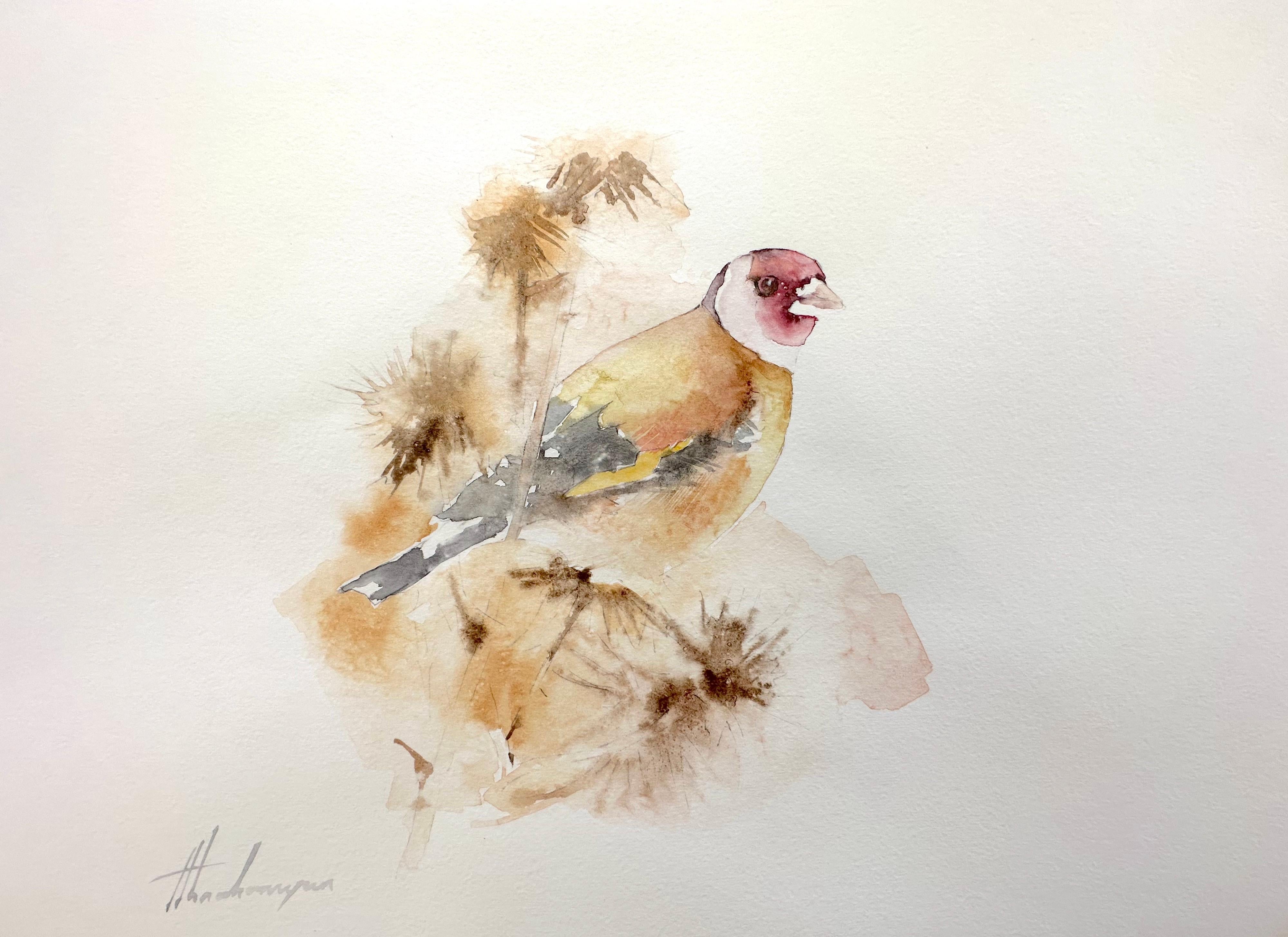 Artyom Abrahamyan Animal Art - Goldfinch, Bird, Watercolor Handmade Painting, One of a Kind