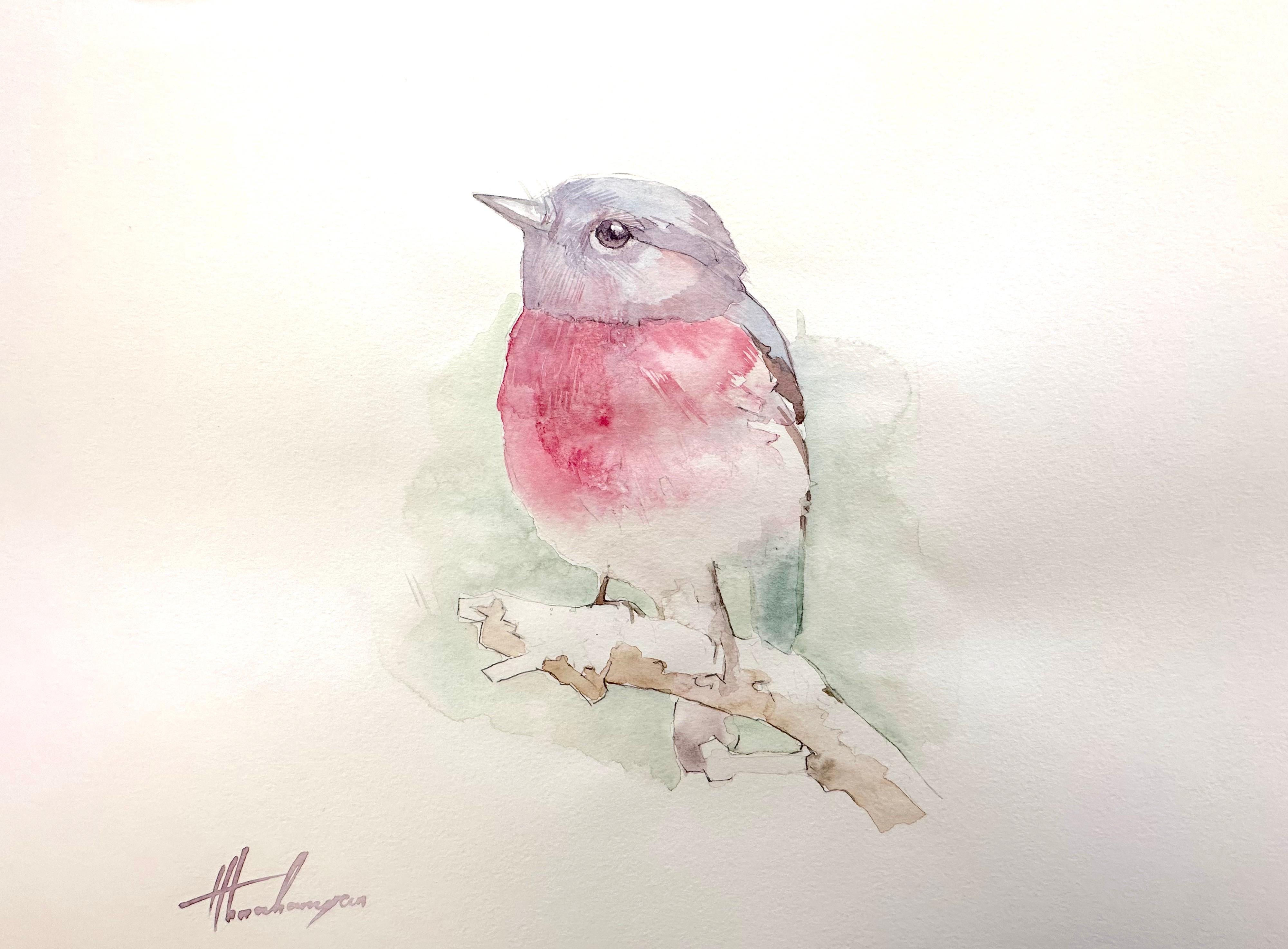 Artyom Abrahamyan Animal Art - Red Robin, Bird Watercolor Handmade Painting, One of a Kind