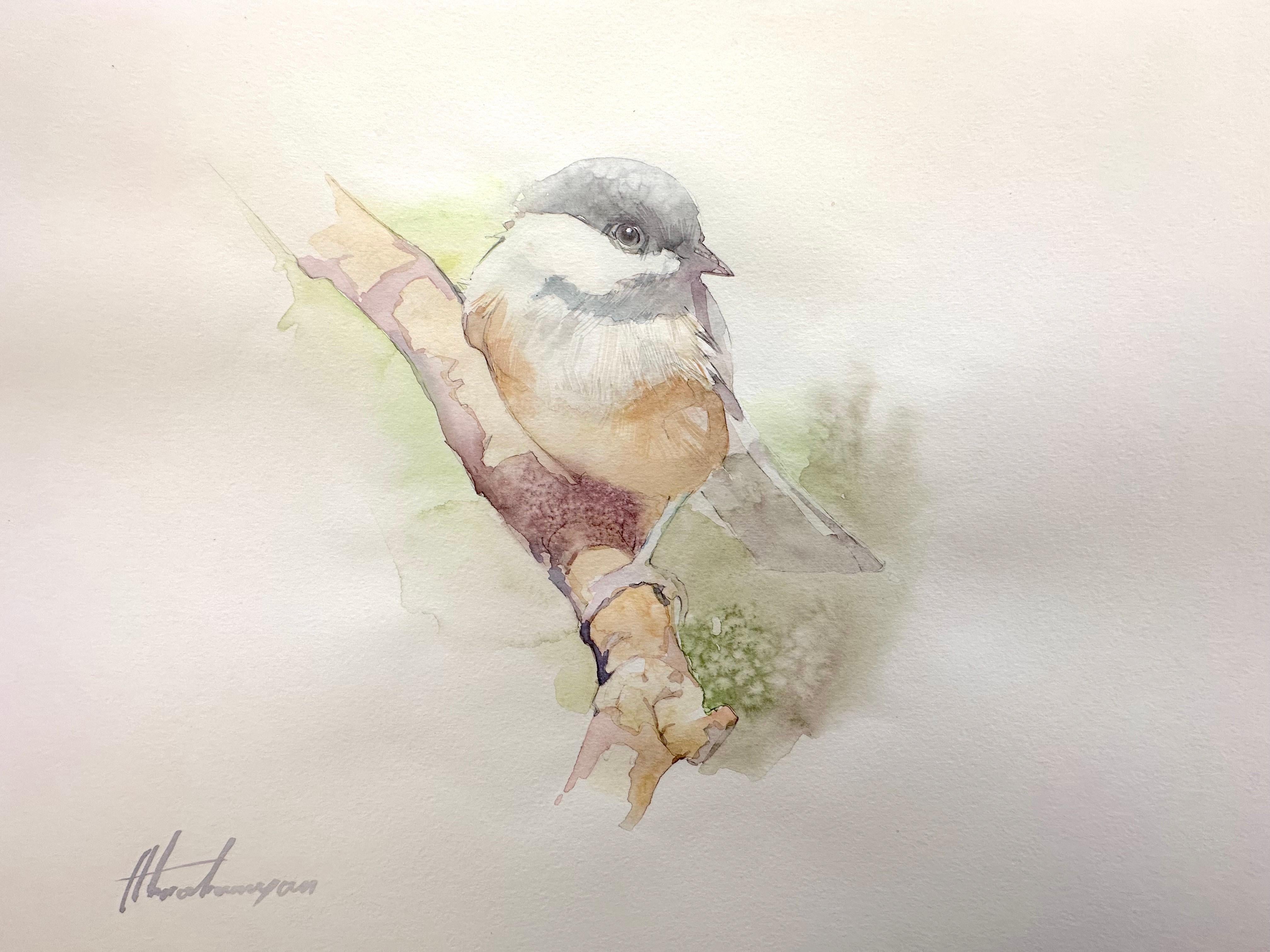 Artyom Abrahamyan Animal Art - Chickadee, Bird, Watercolor Handmade Painting, One of a Kind