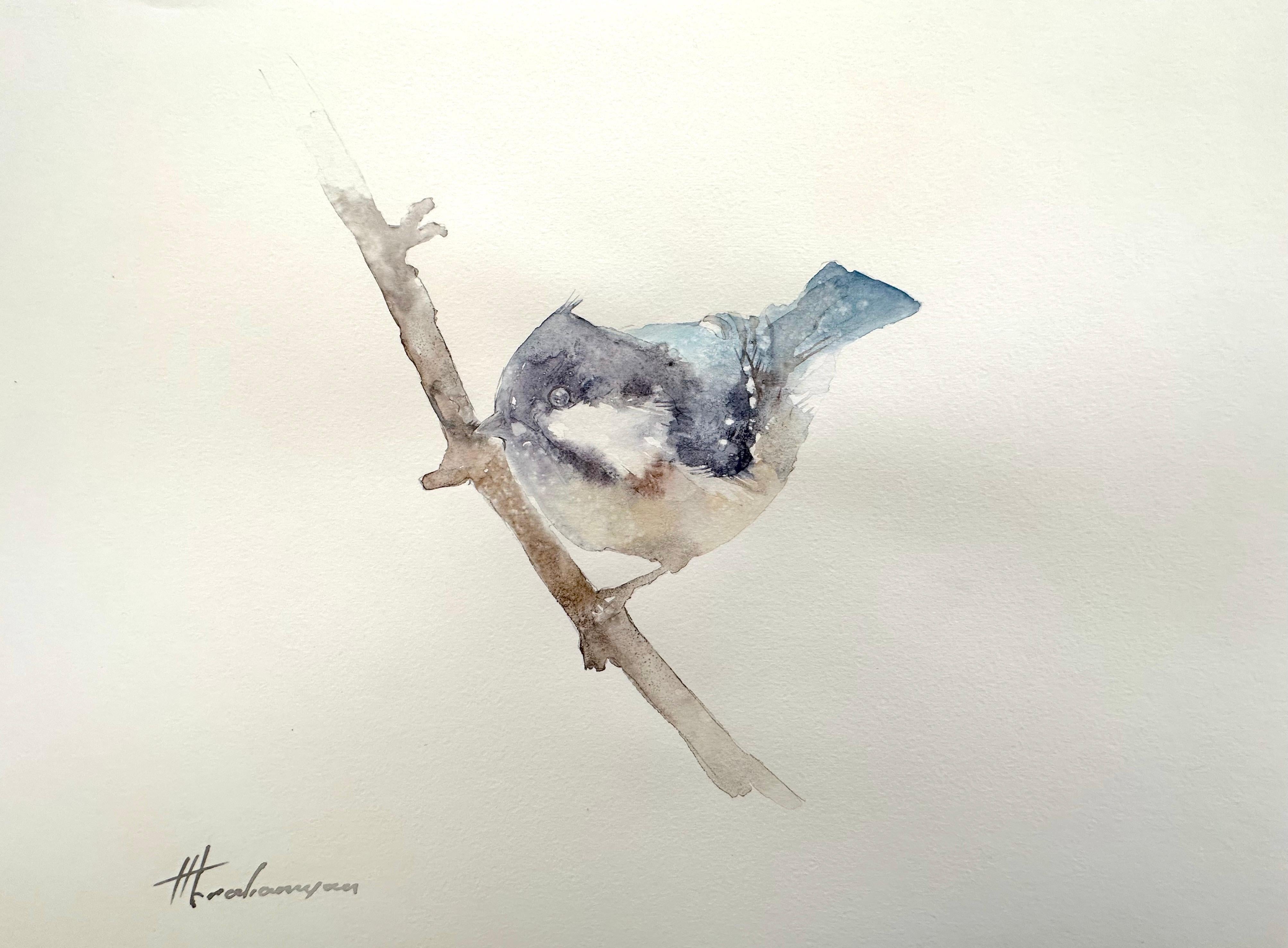 Artyom Abrahamyan Animal Art - Chickadee, Bird, Watercolor Handmade Painting, One of a Kind