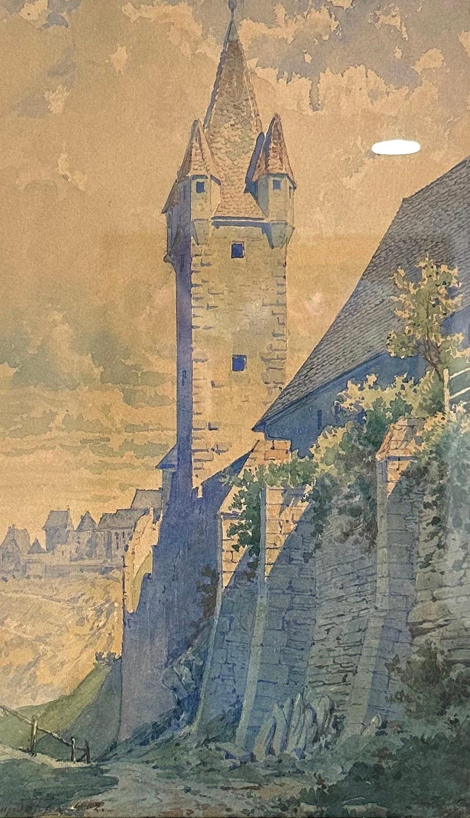 August Töpfer Landscape Art – Tower Tower, Original Aquarellgemälde, hängefertig, gerahmt