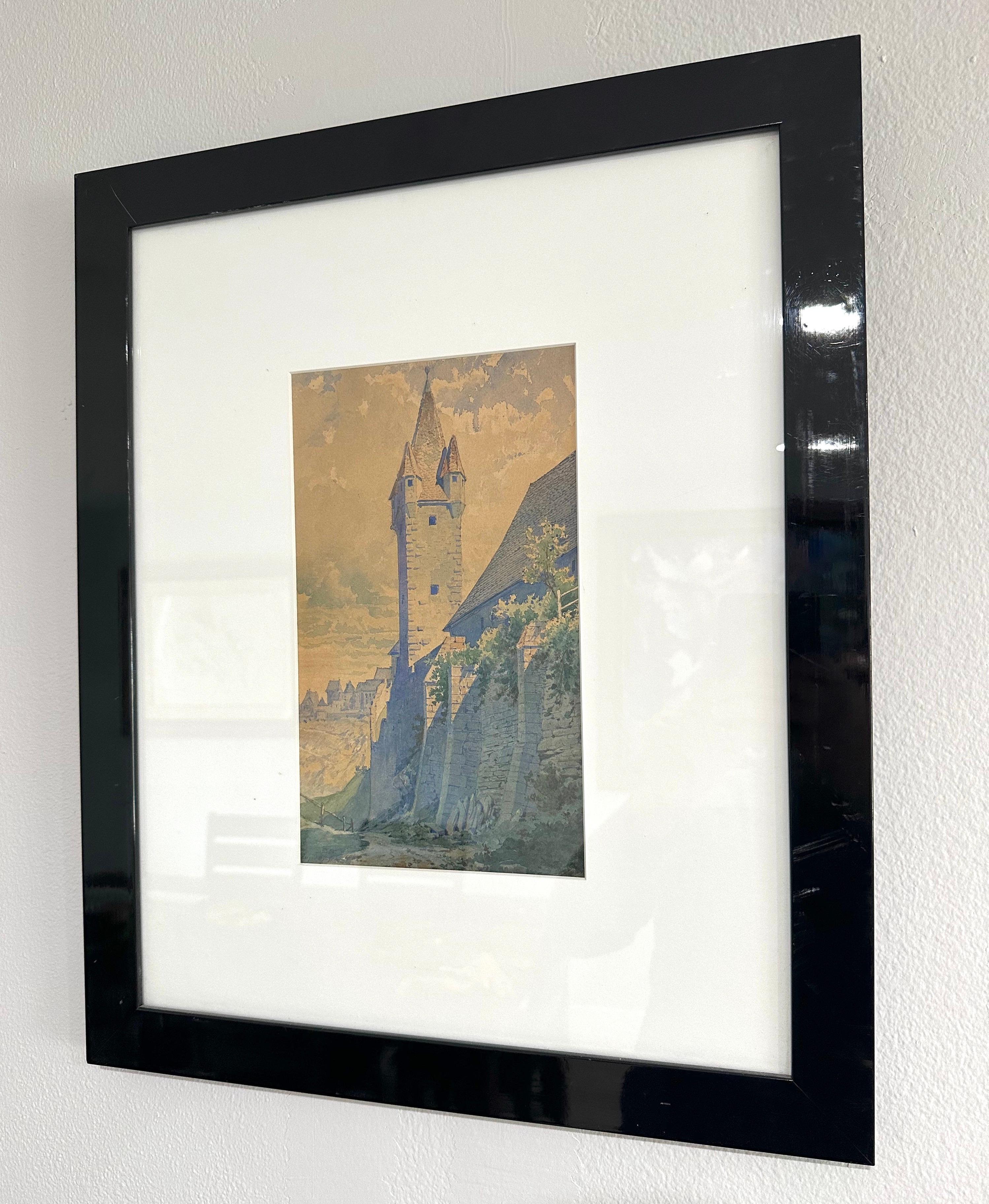 Tower, Original Watercolor Painting, Ready to Hang, Framed - Art by August Töpfer