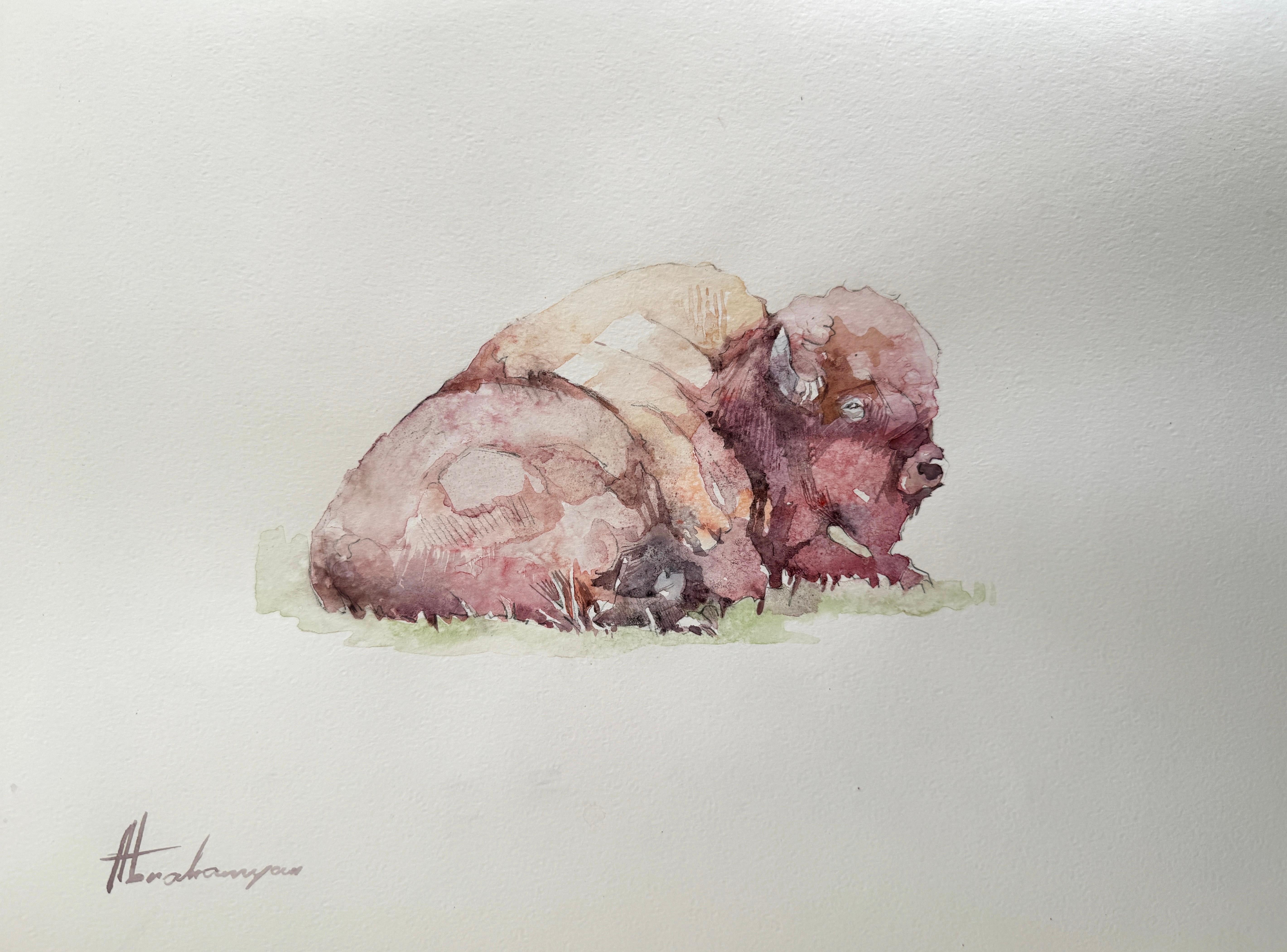 Artyom Abrahamyan Animal Art - Bison, Watercolor Handmade Painting, One of a Kind