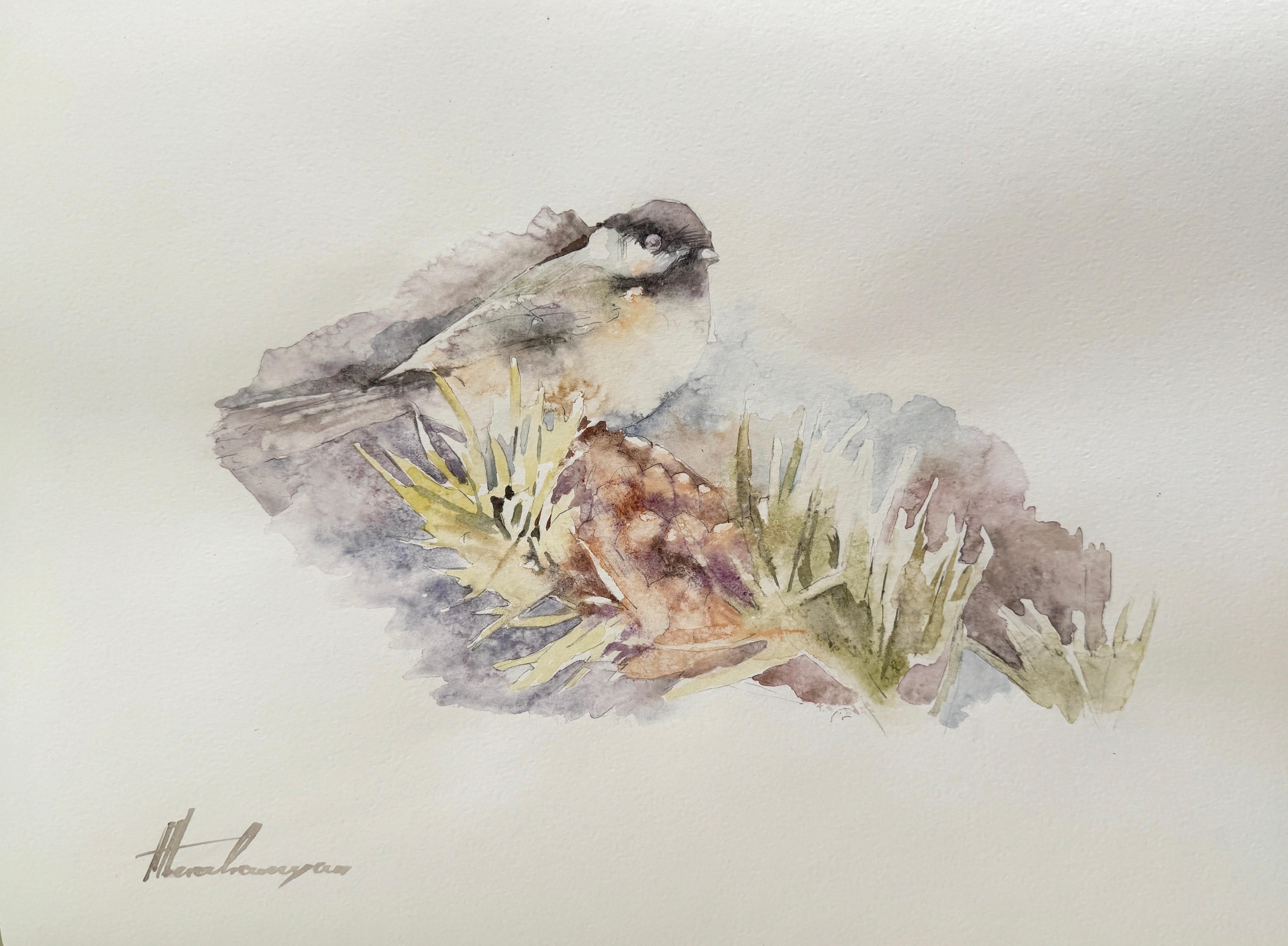 Artyom Abrahamyan Animal Art - Chickadee, Watercolor Handmade Painting, One of a Kind