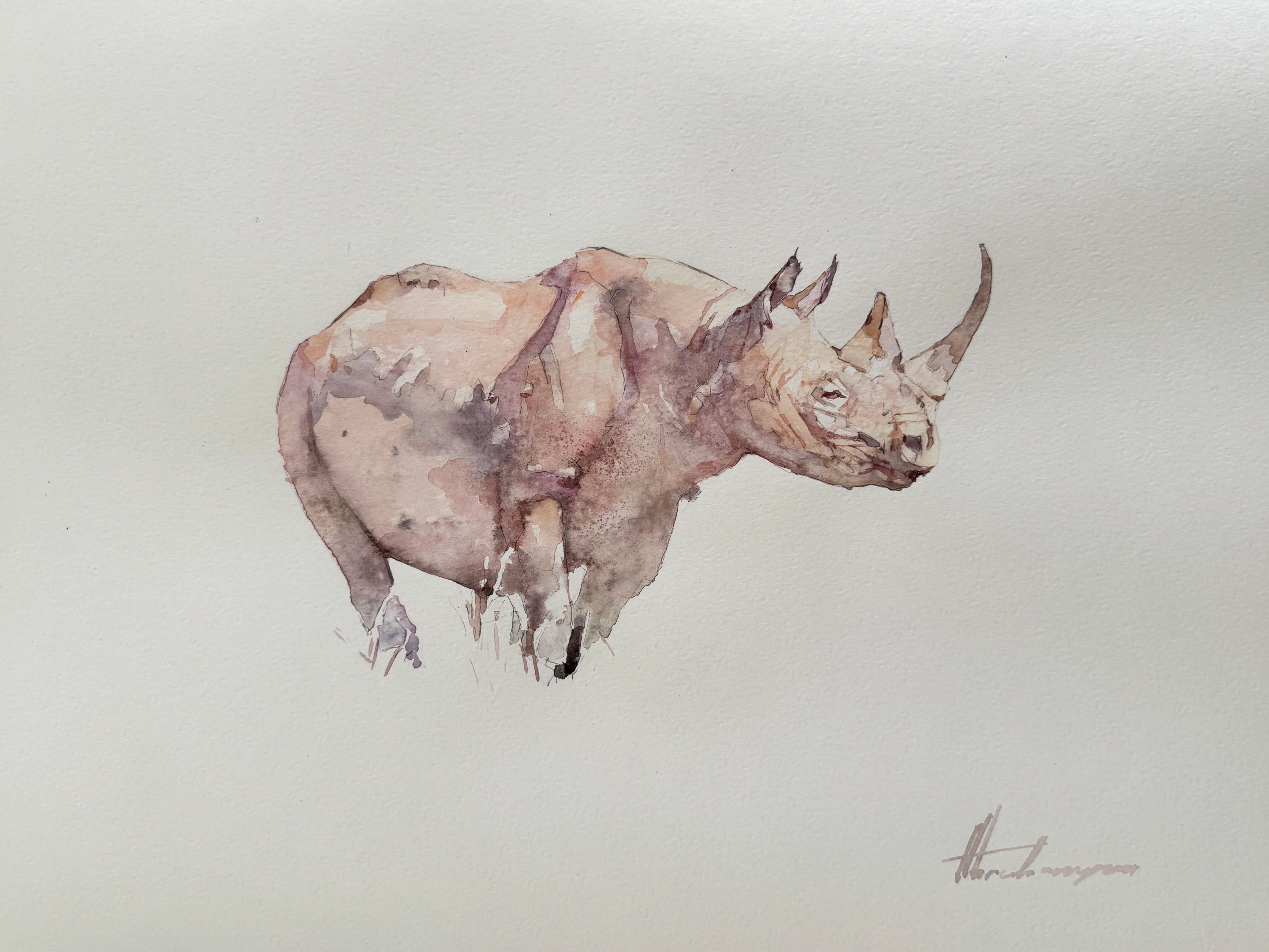 Artyom Abrahamyan Animal Art - Rhino, Watercolor Handmade Painting, Animals, One of a Kind