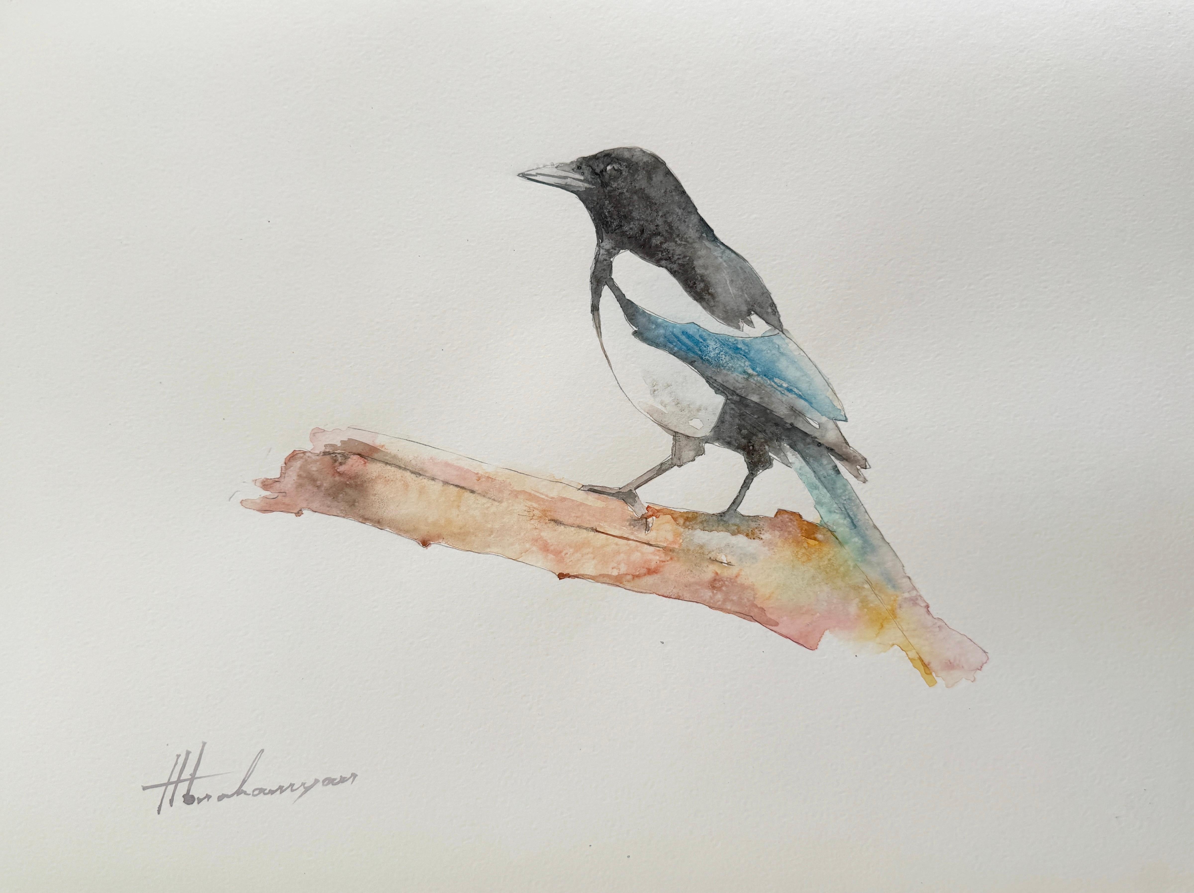 Magpie, Bird, Watercolor Handmade Painting, One of a Kind