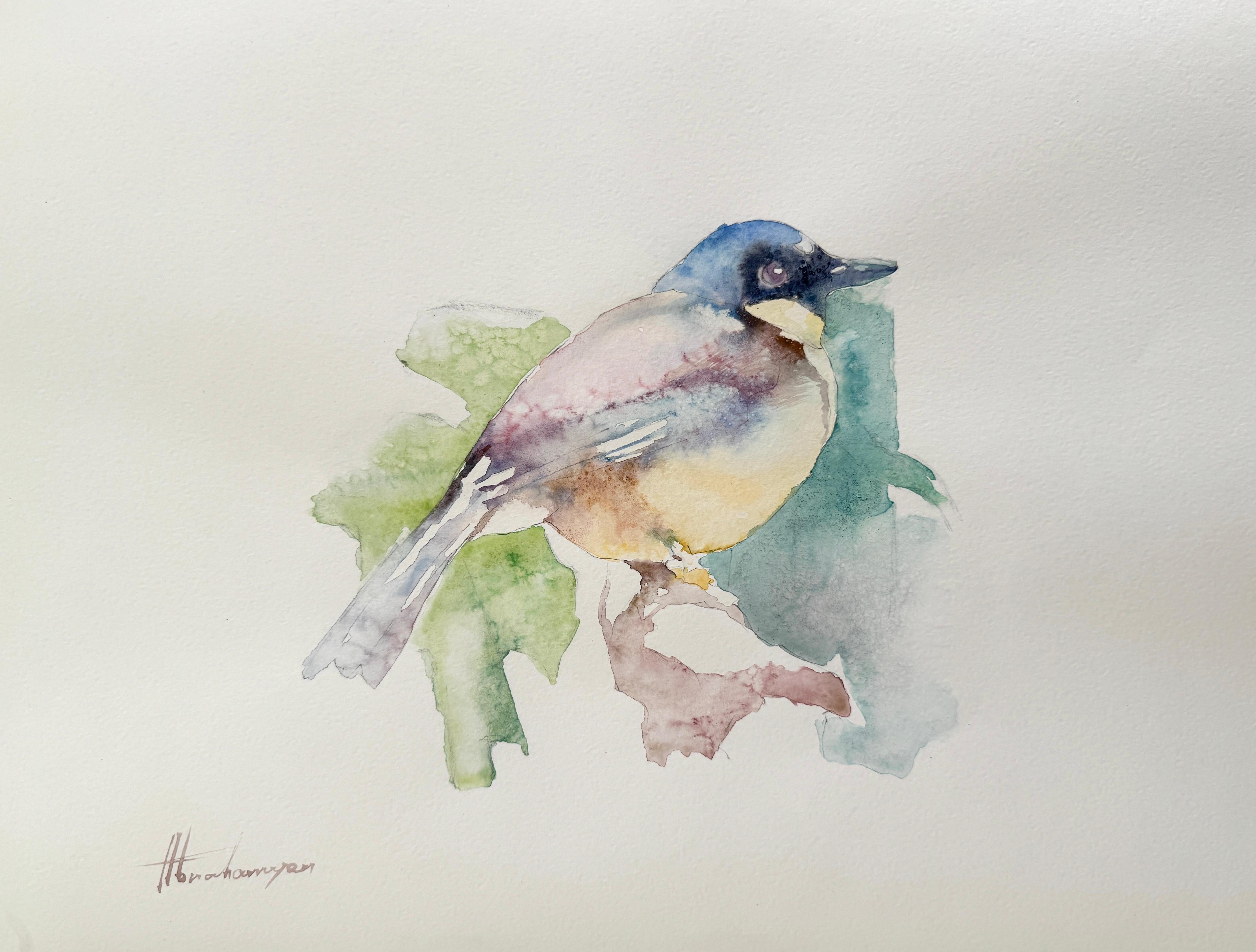 Artyom Abrahamyan Animal Art - American Robin, Bird, Watercolor Handmade Painting, One of a Kind
