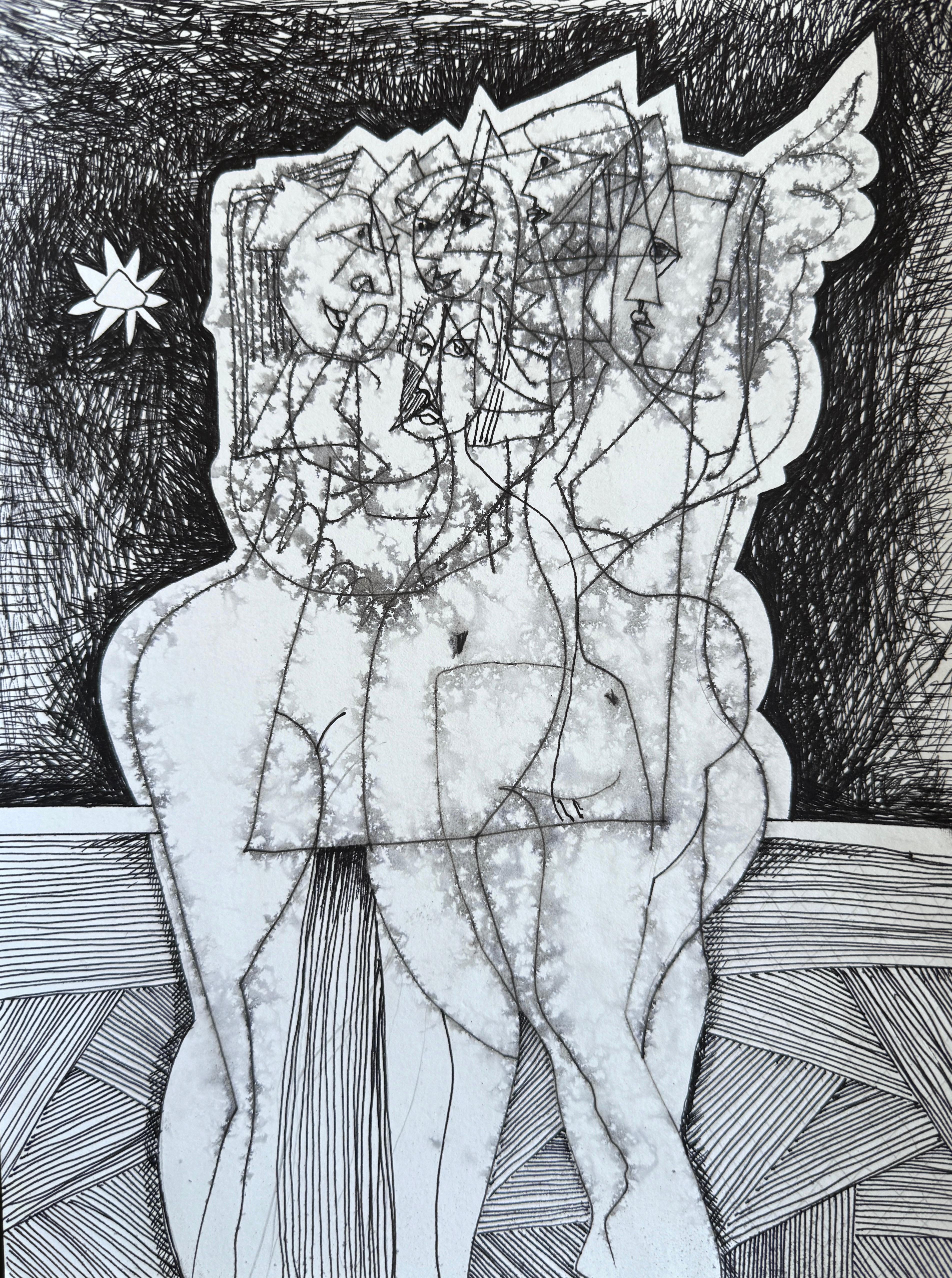 Night Talking, Figurative Original Painting, Ink on Paper, Black and White 