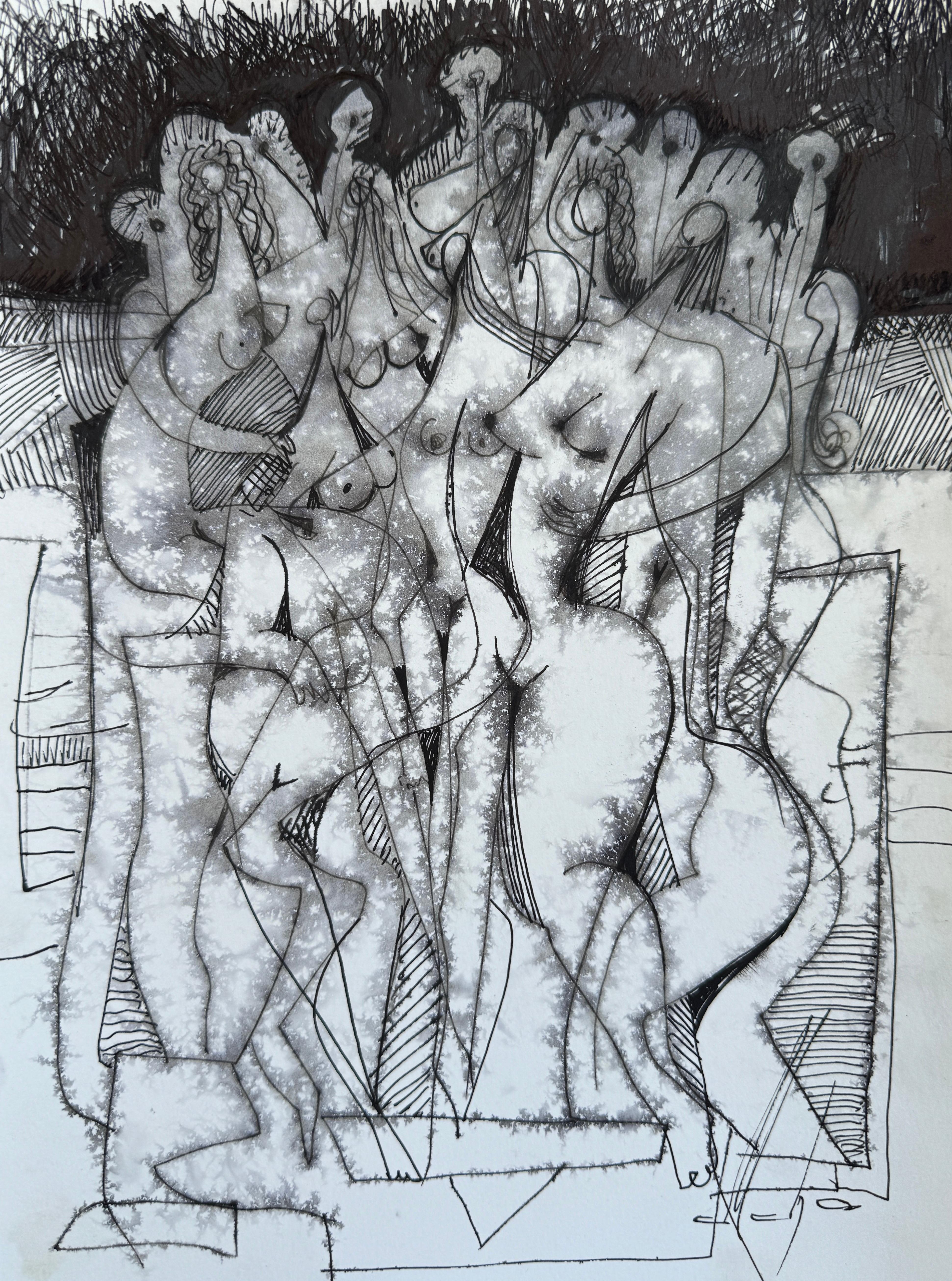 Night Dance, Figurative Original Painting, Ink on Paper, Black and White 