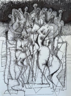 Night Dance, peinture originale figurative, encre sur papier, noir et blanc 