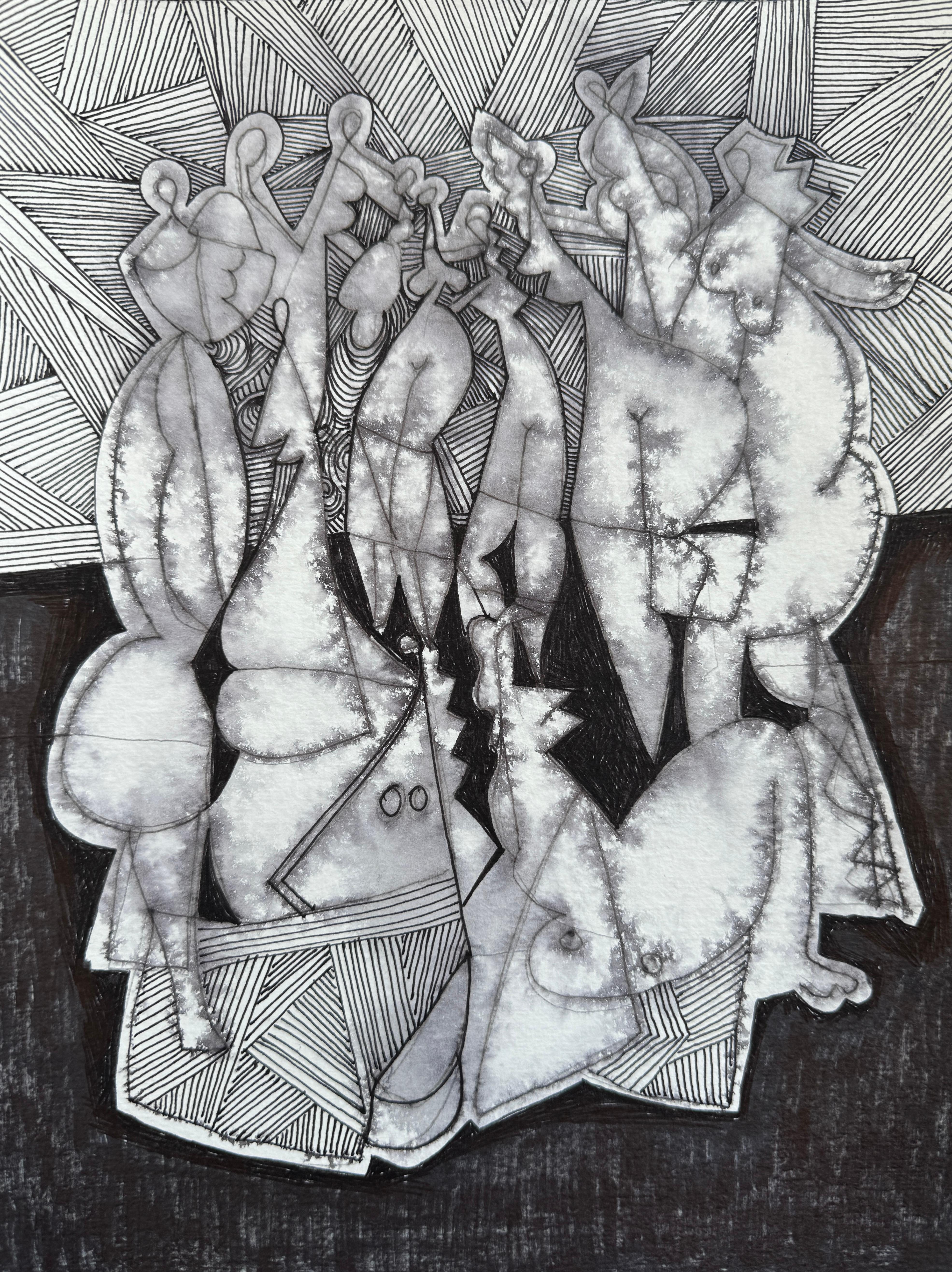 Party, Figurative Original Painting, Ink on Paper, Black and White 