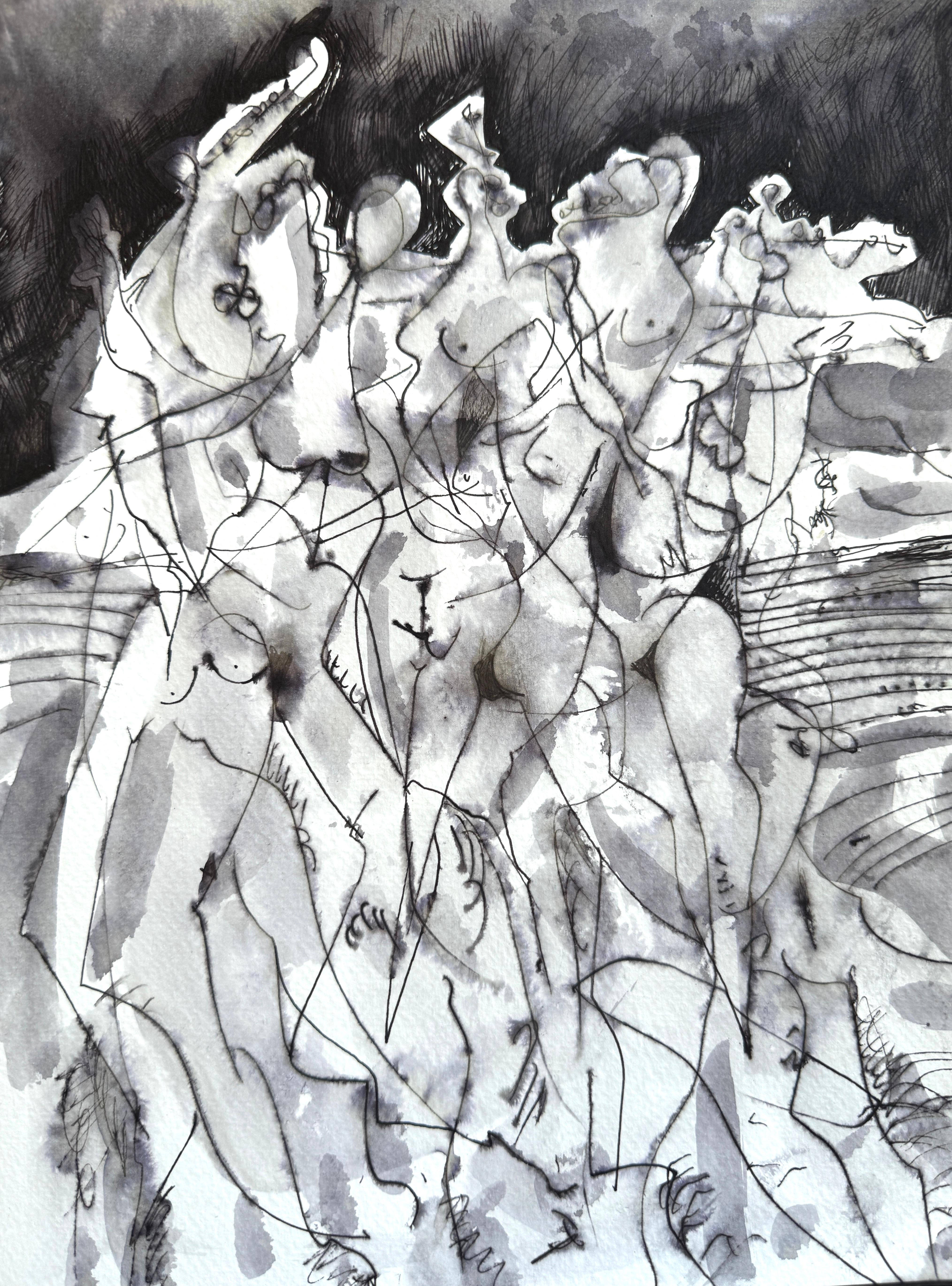 Joyful Noise, peinture figurative originale, encre sur papier, noir et blanc 