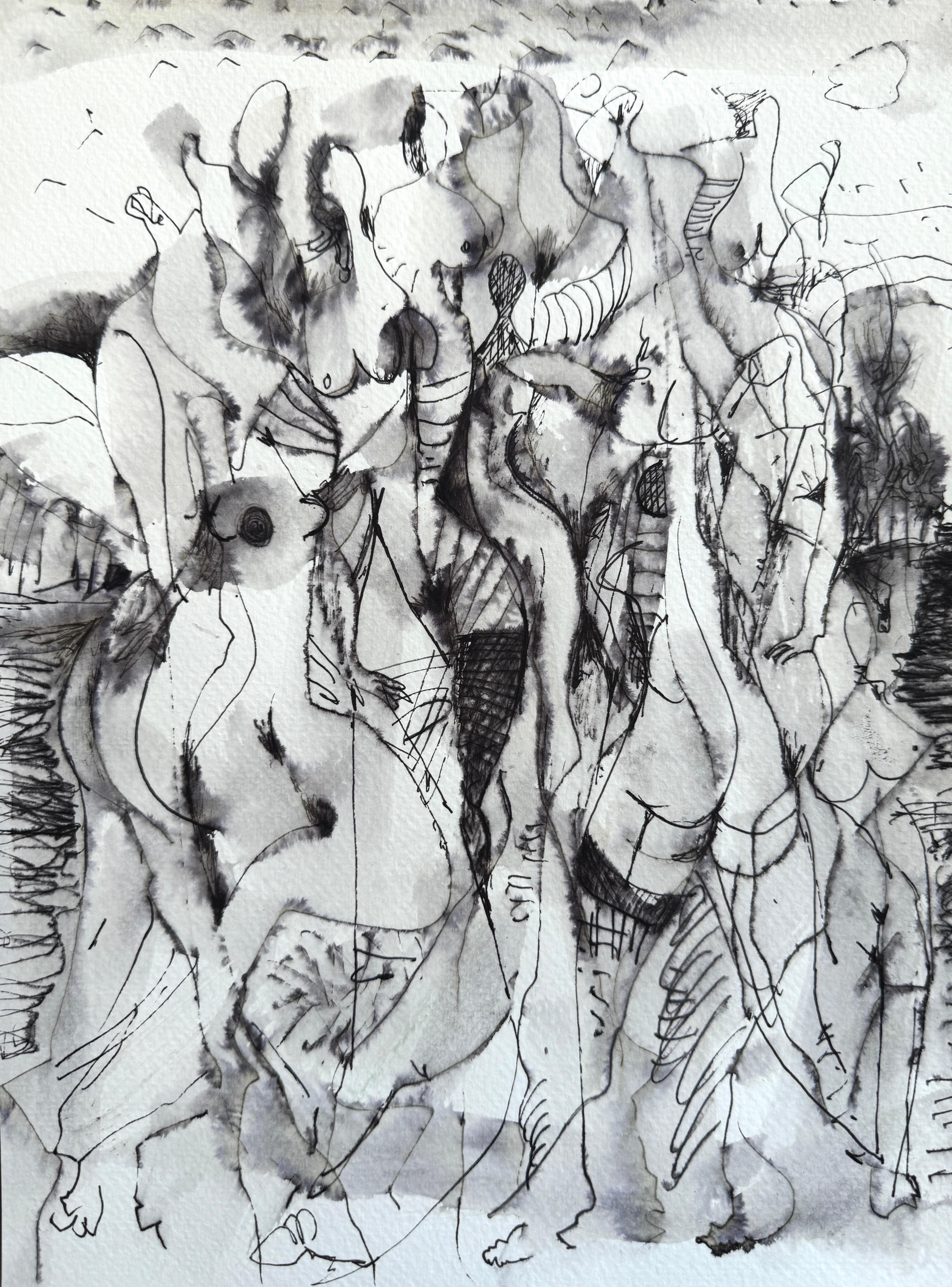 Mkrtich Sarkisyan (Mcho) Figurative Art - Journey, Figurative Original Painting, Ink on Paper, Black and White 