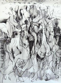 Journey, Figurative Original Painting, Ink on Paper, Black and White 