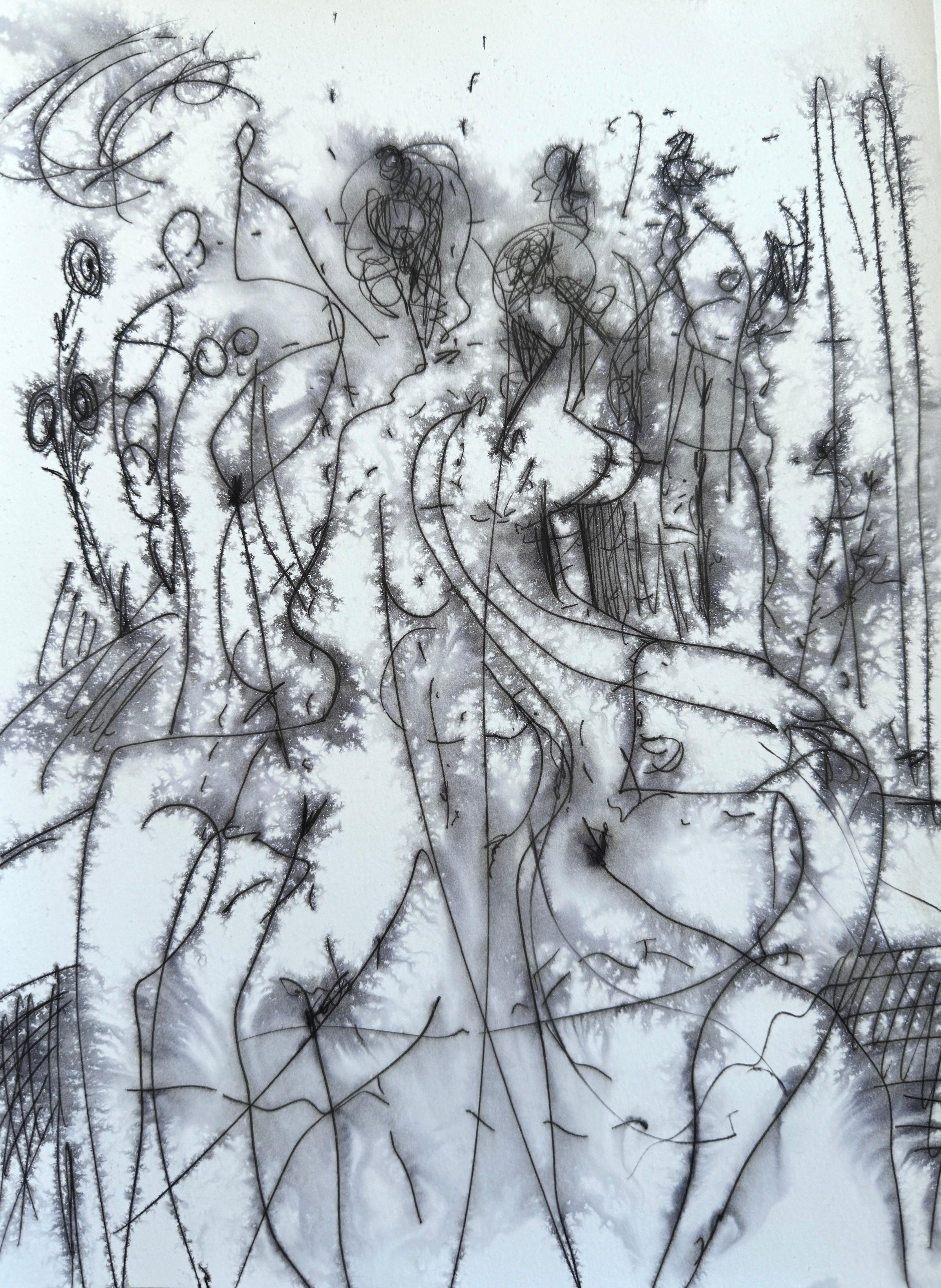 Meeting, Figurative Original Painting, Ink on Paper, Black and White 