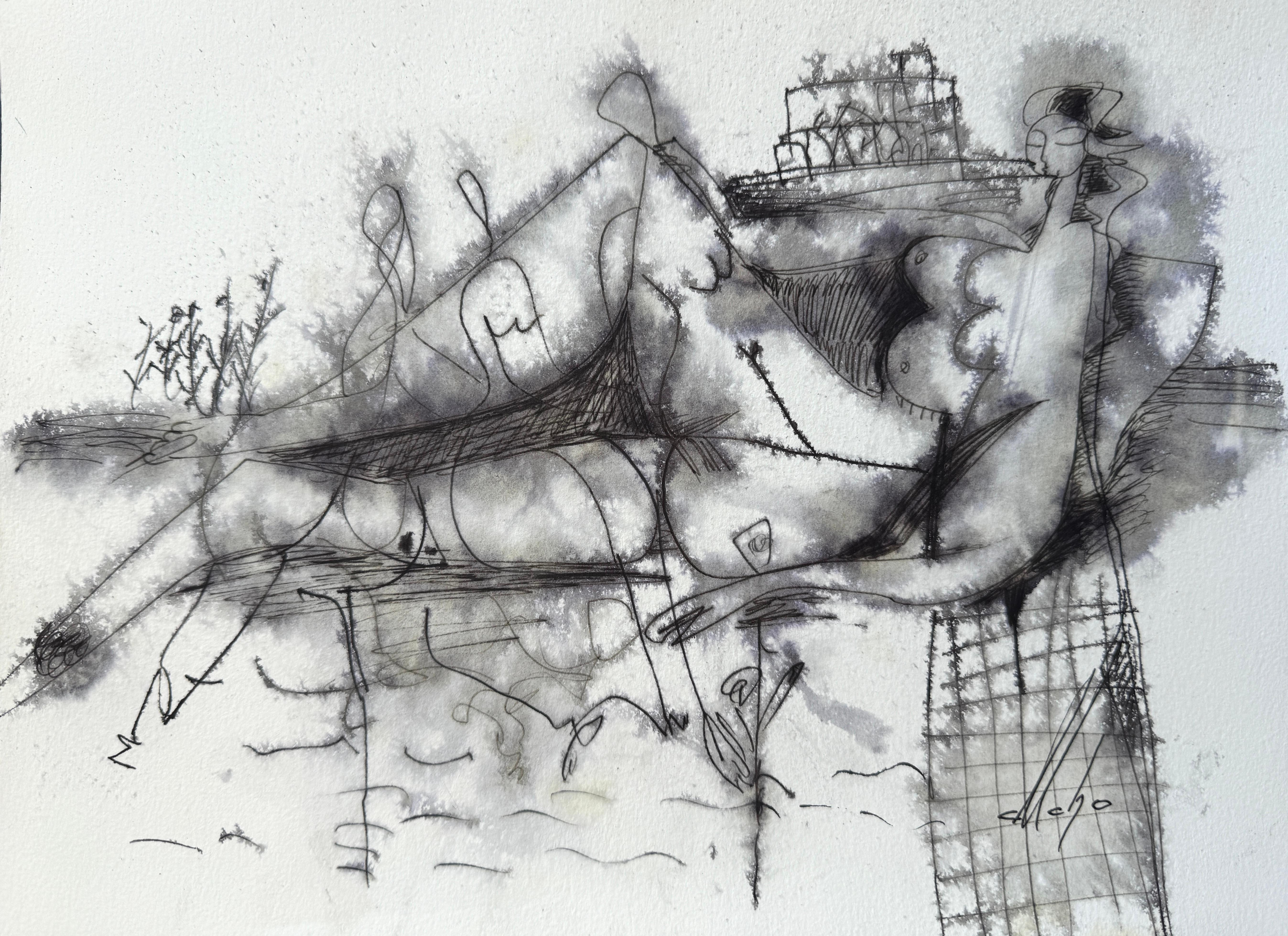 Memories, Figurative Original Painting, Ink on Paper, Black and White 