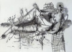 Memories, peinture originale figurative, encre sur papier, noir et blanc
