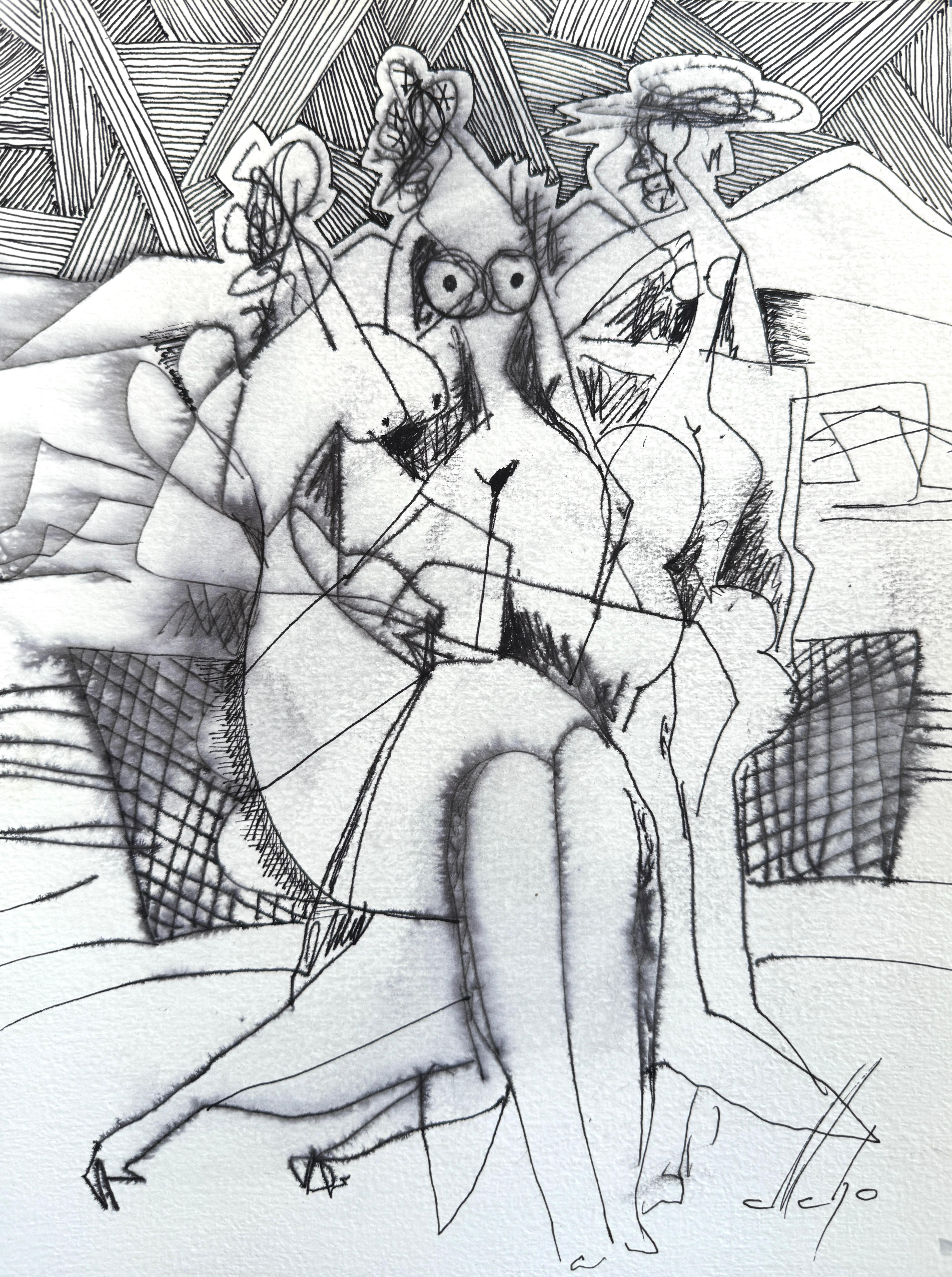 Mkrtich Sarkisyan (Mcho) Figurative Art - Lounge, Figurative Original Painting, Ink on Paper, Black and White 