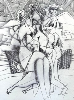 Lounge, Figurative Original Painting, Ink on Paper, Black and White 