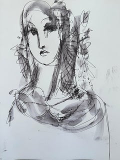 Portrait, Original Painting, Ink on Paper, Black and White 