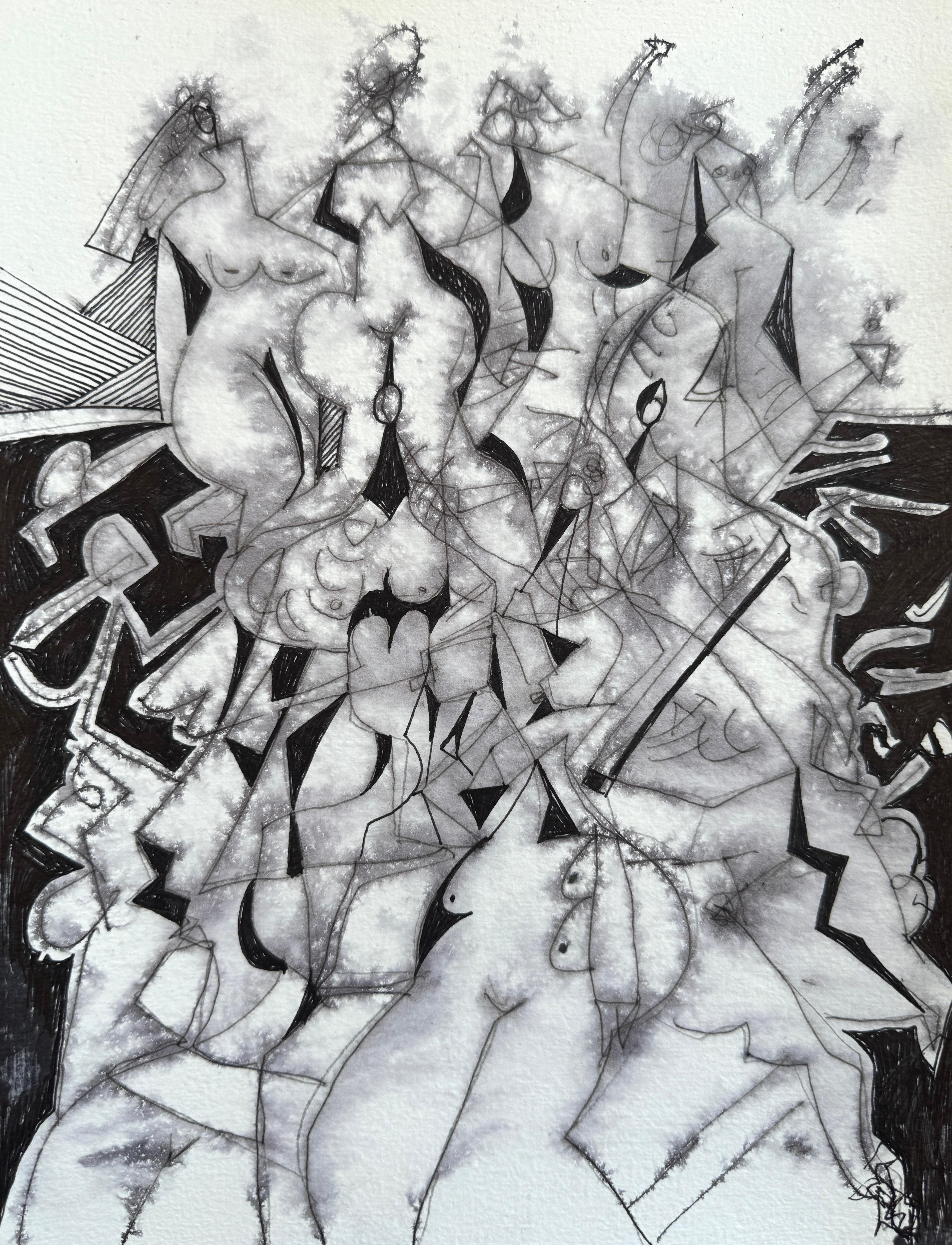 Mkrtich Sarkisyan (Mcho) Figurative Art - Party, Original Painting, Ink on Paper, Black and White 