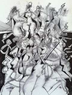 Party, Original Painting, Ink on Paper, Black and White 