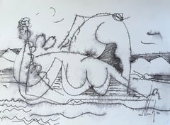 Strand, figuratives Originalgemälde, Tinte auf Papier, Schwarz und Weiß 
