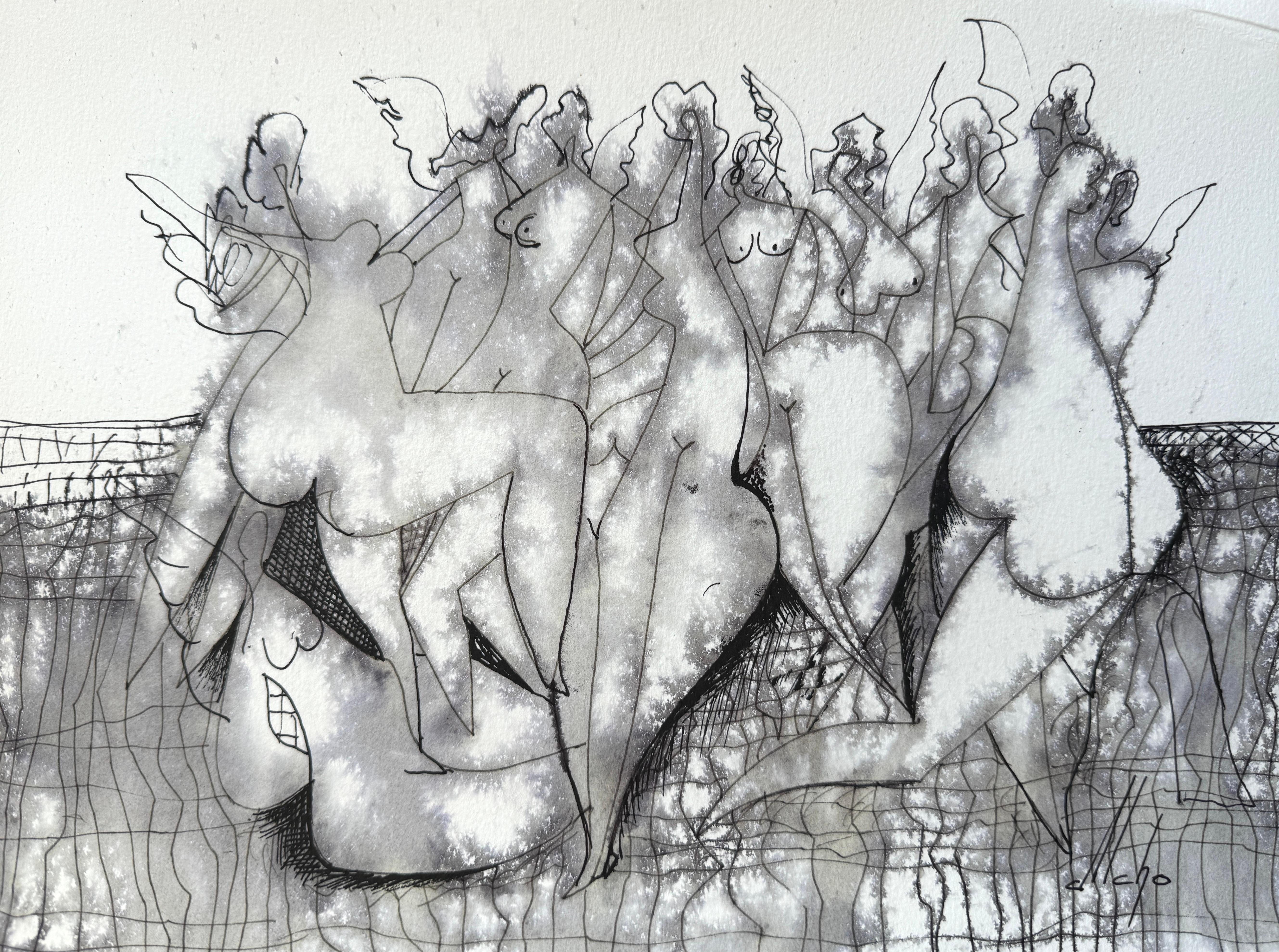 Angels, Figurative Original Painting, Ink on Paper, Black and White 