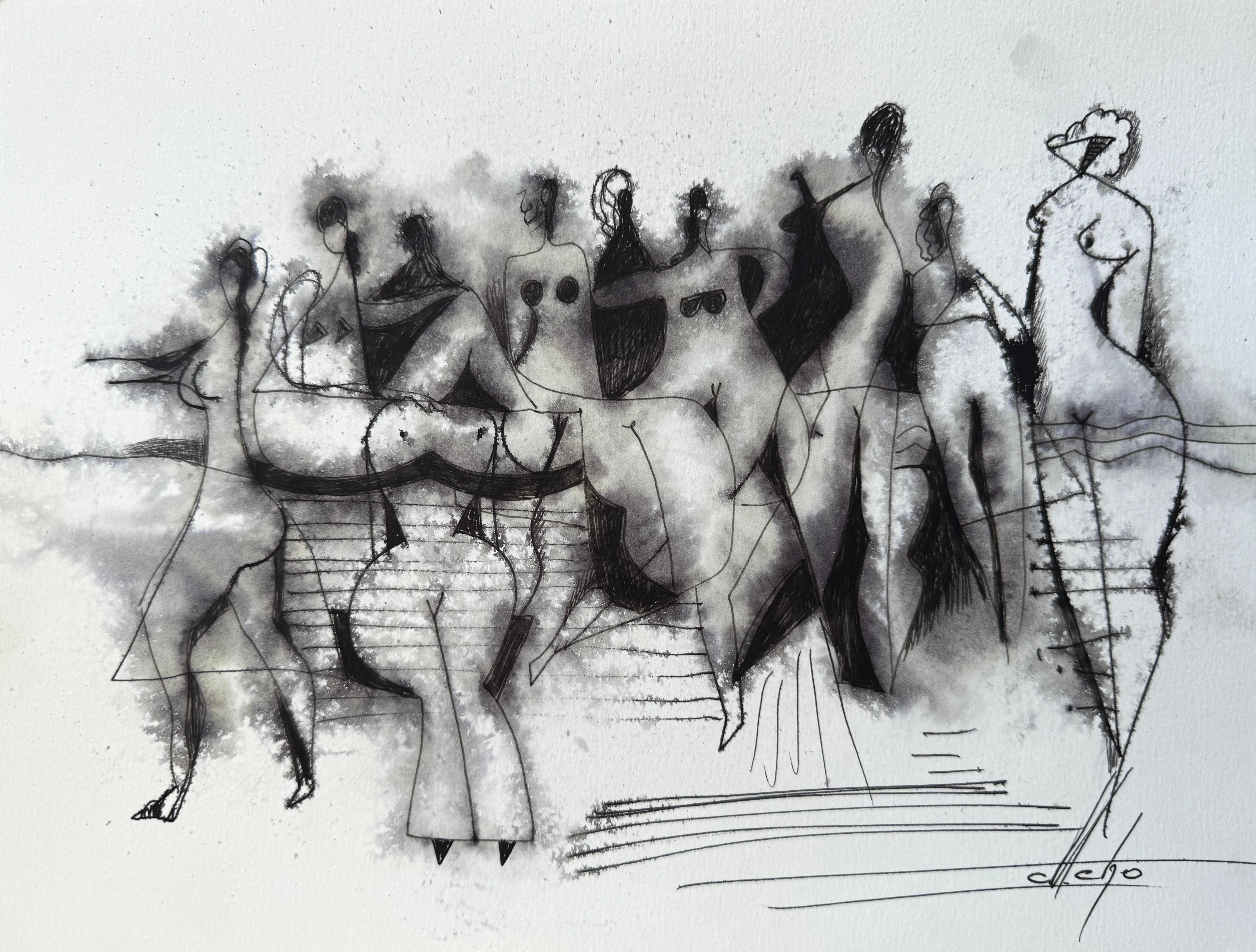 Mkrtich Sarkisyan (Mcho) Figurative Art - Celebrate, Figurative Original Painting, Ink on Paper, Black and White 