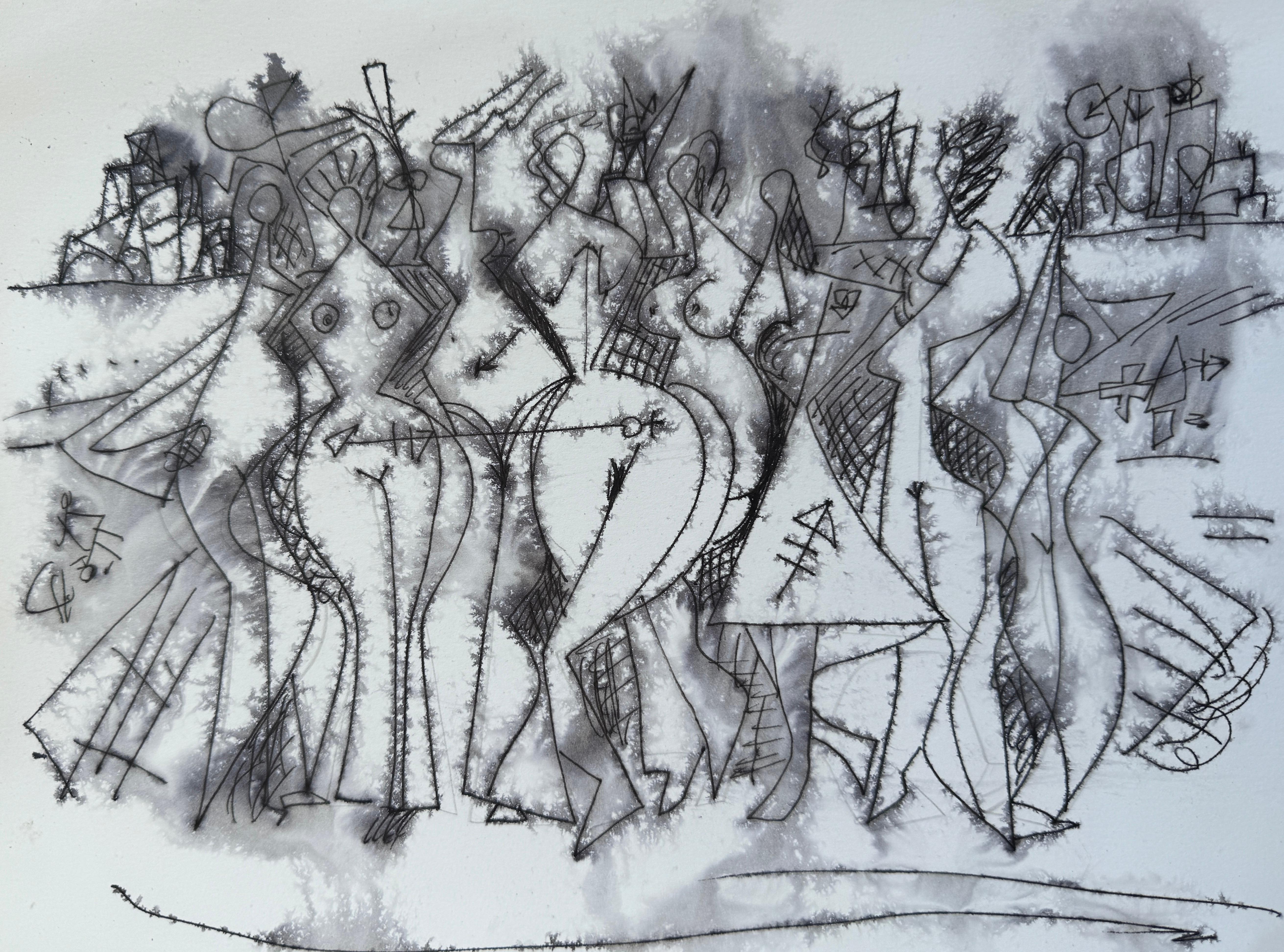 Mkrtich Sarkisyan (Mcho) Figurative Art - Celebration, Figurative Original Painting, Ink on Paper, Black and White 