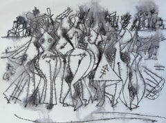 Celebration, Figurative Original Painting, Ink on Paper, Black and White 