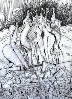 Moon Night, Figurative Original Painting, Ink on Paper, Black and White 
